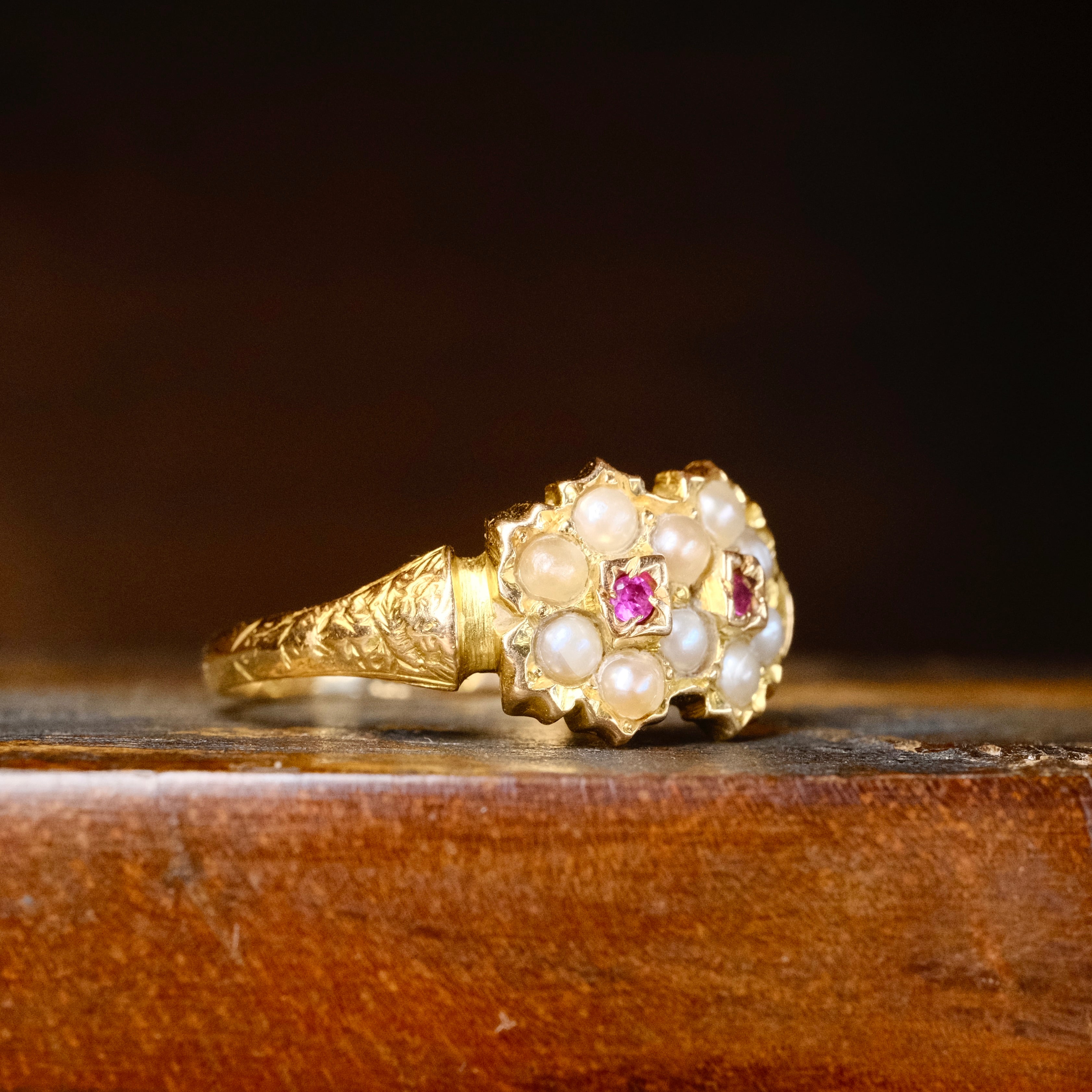 Antique 15ct Gold, Pearl & Ruby, Double Daisy Cluster Ring
