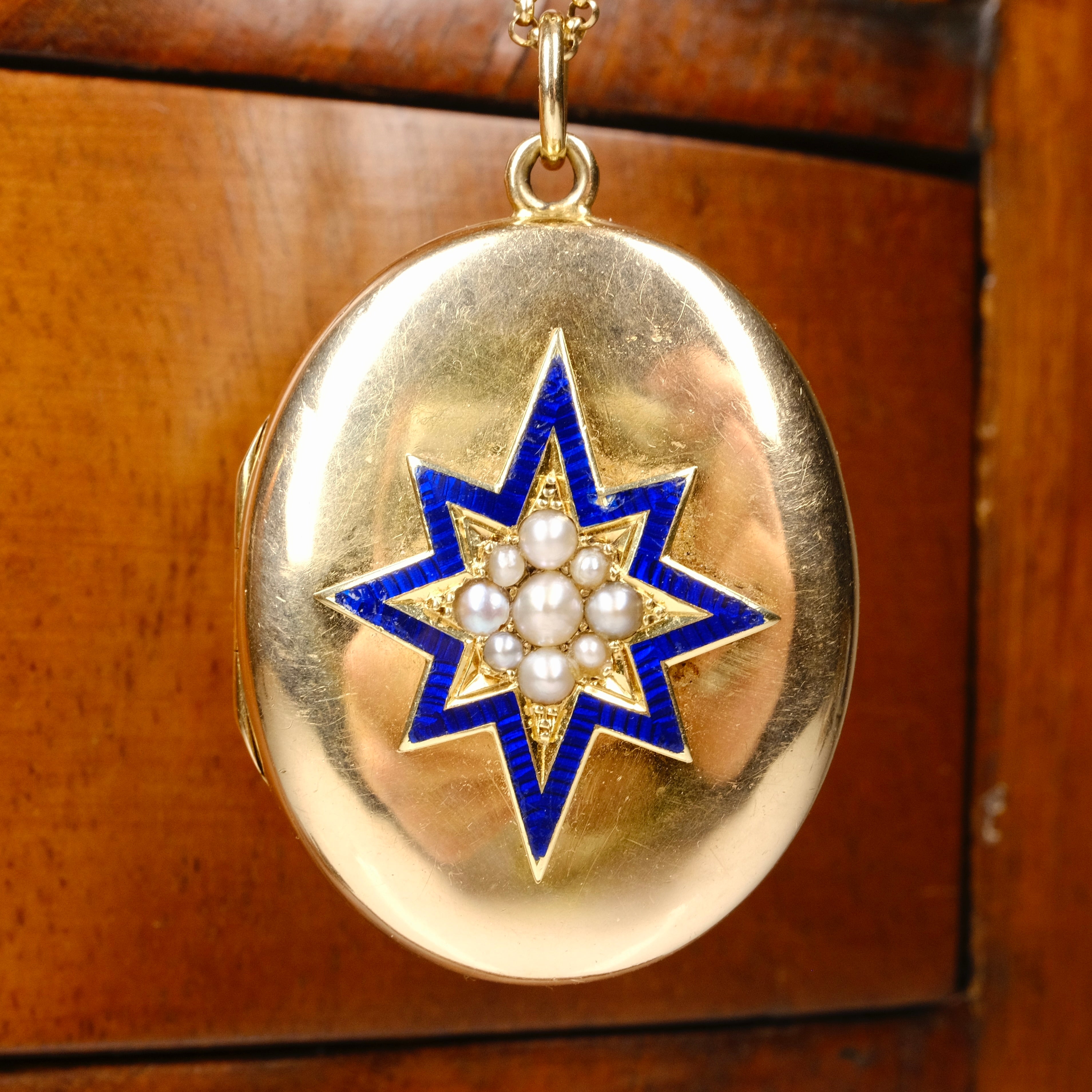 Antique, Victorian 15ct Gold Locket With Blue Enamel Star & Split Pearls, 12 Grams