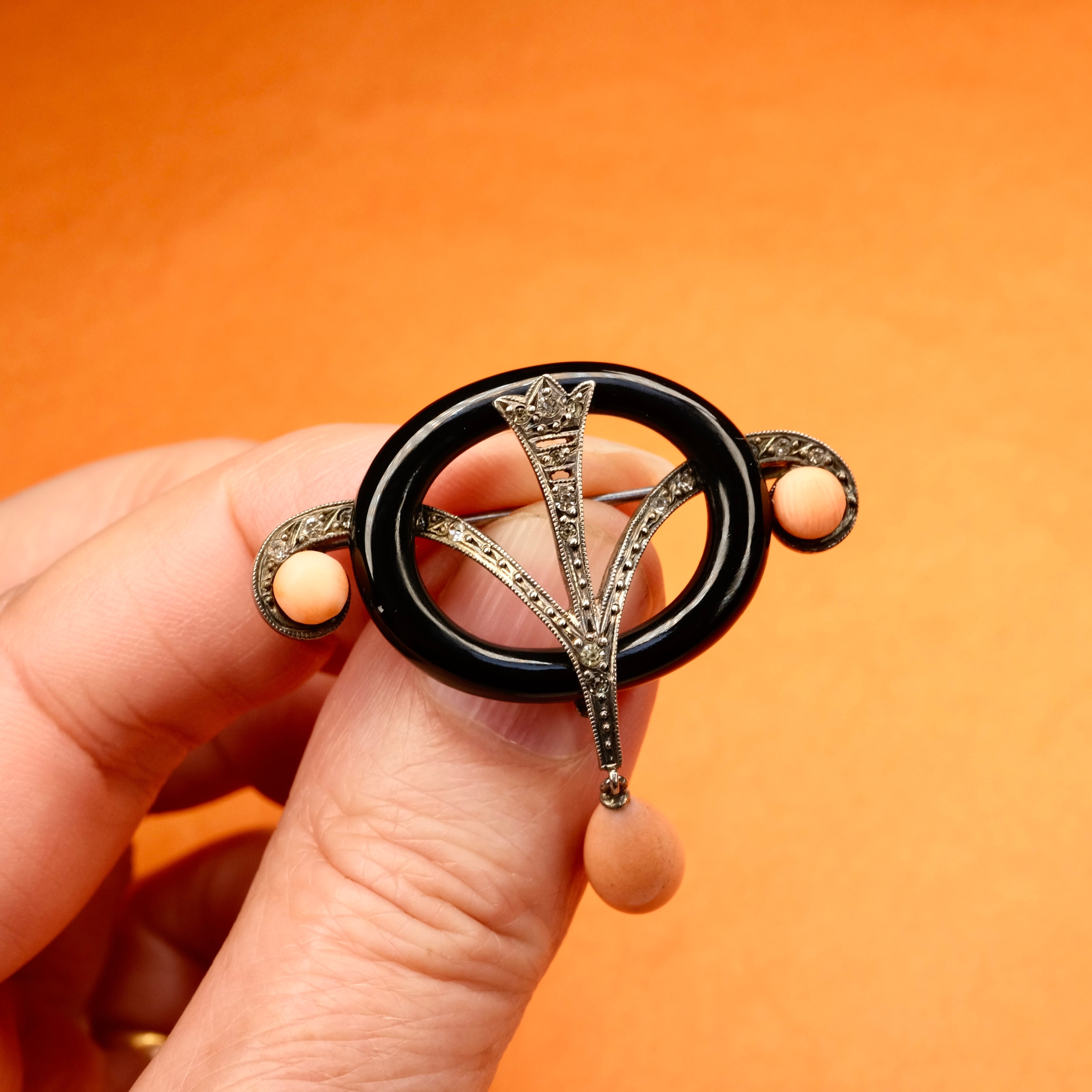 Original French Art deco, Silver, Onyx, Paste & Coral Brooch