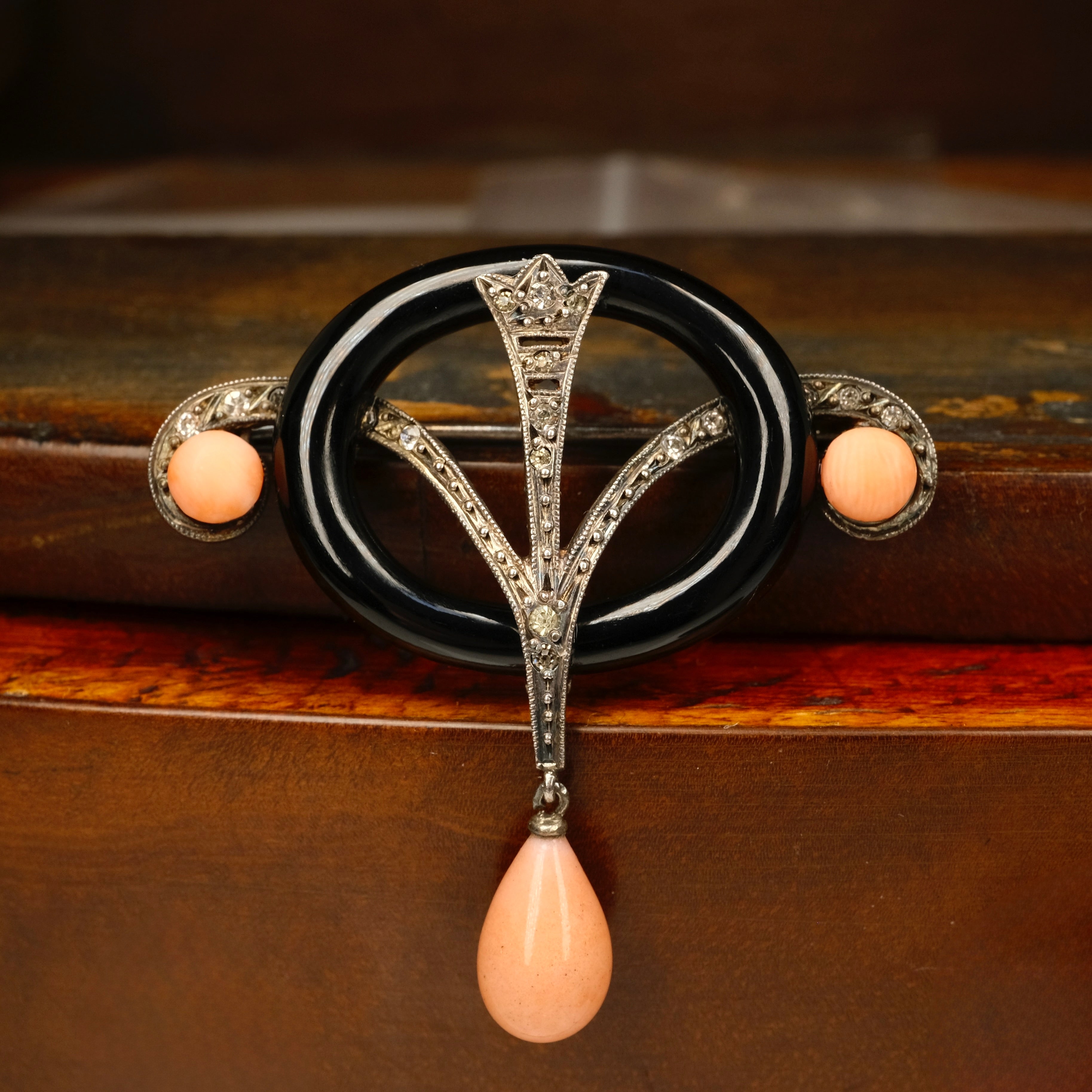 Original French Art deco, Silver, Onyx, Paste & Coral Brooch