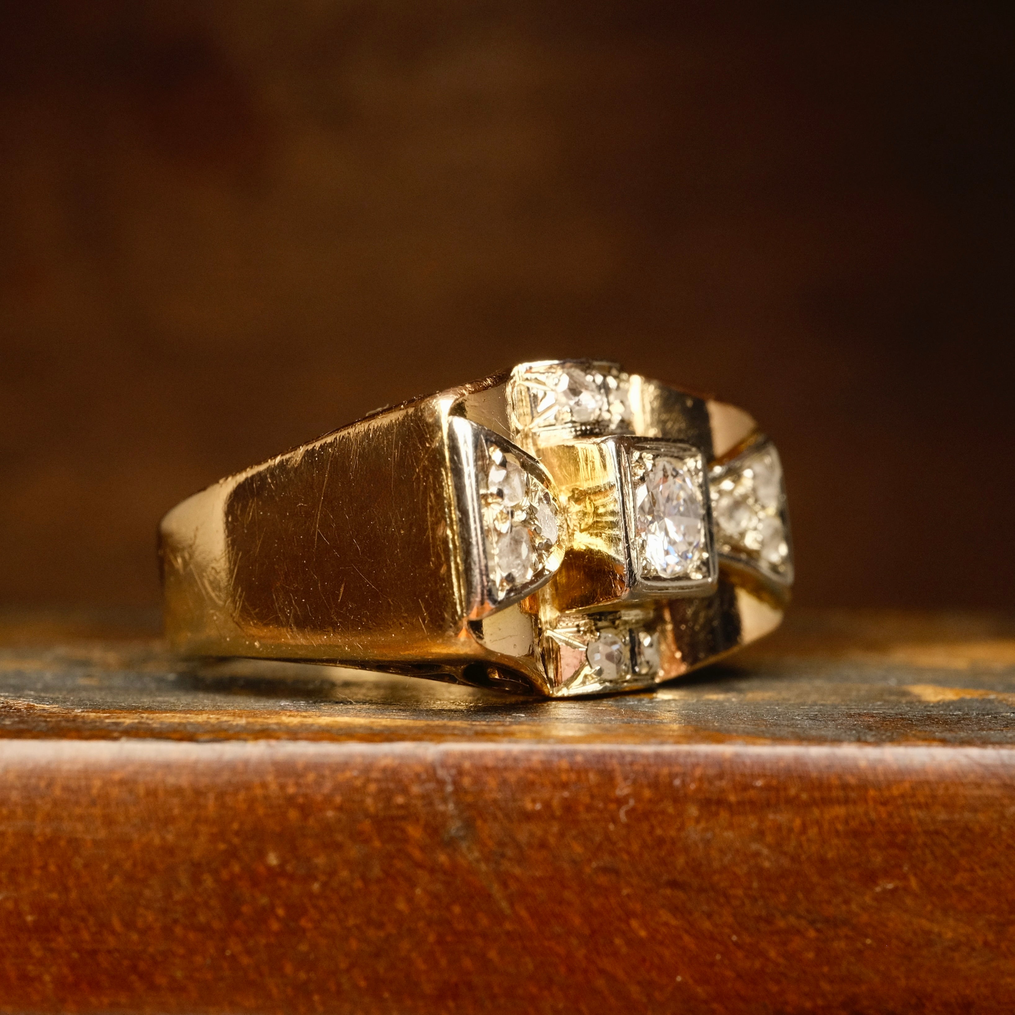 1940s, 18ct Gold & Platinum, Diamond Cocktail Tank Ring c1945