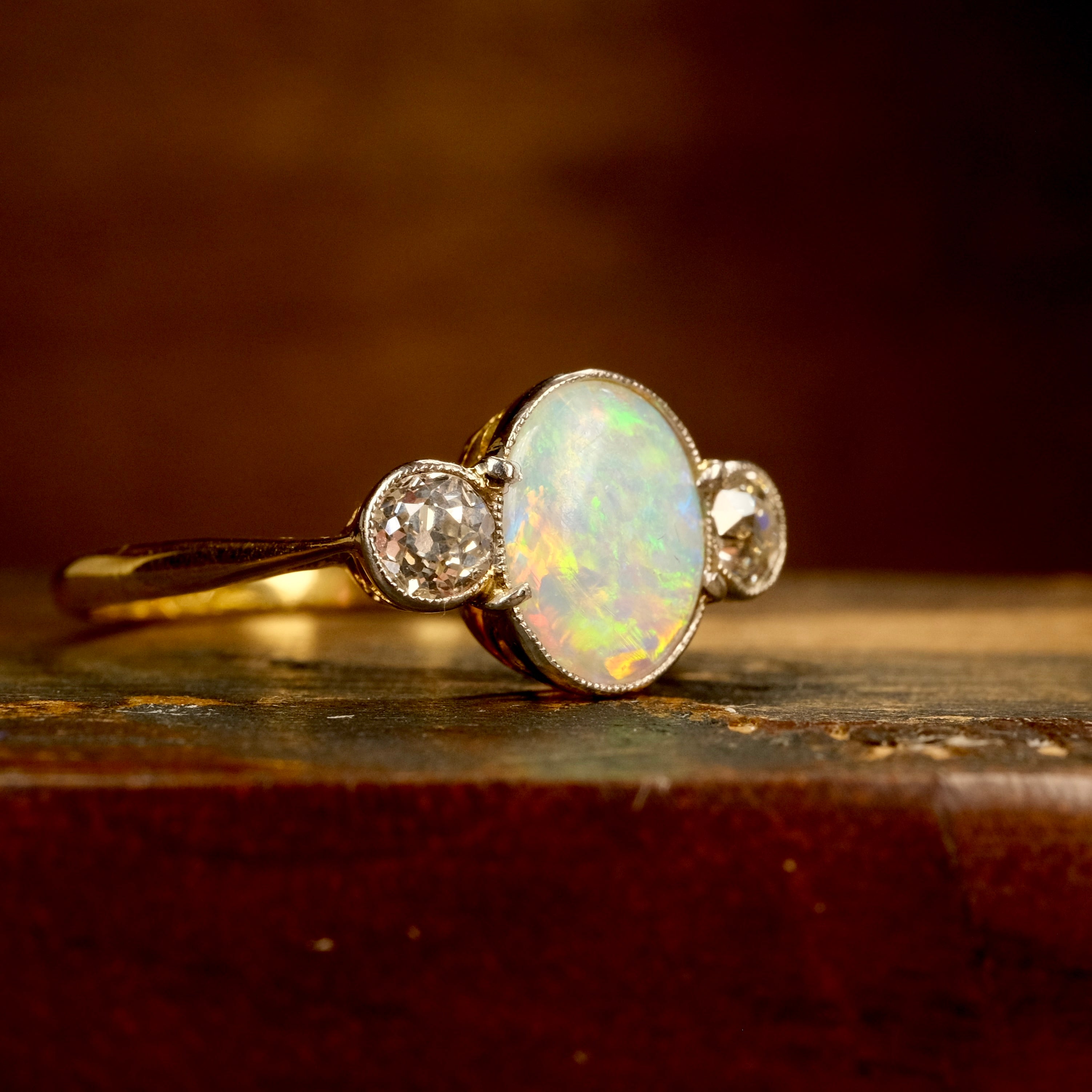 Antique, 18ct Gold, Opal & Old European Cut Diamond Trilogy Ring