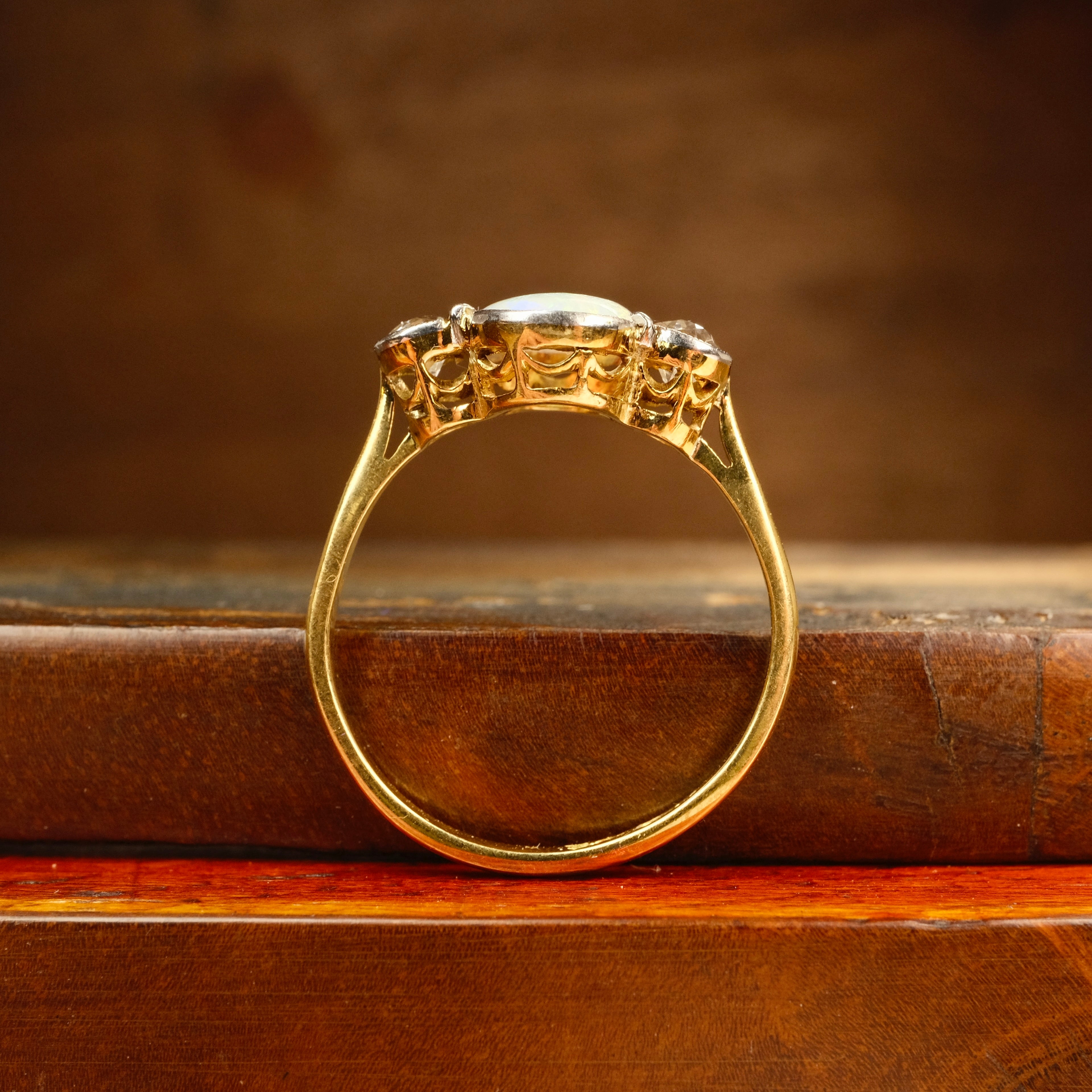 Antique, 18ct Gold, Opal & Old European Cut Diamond Trilogy Ring