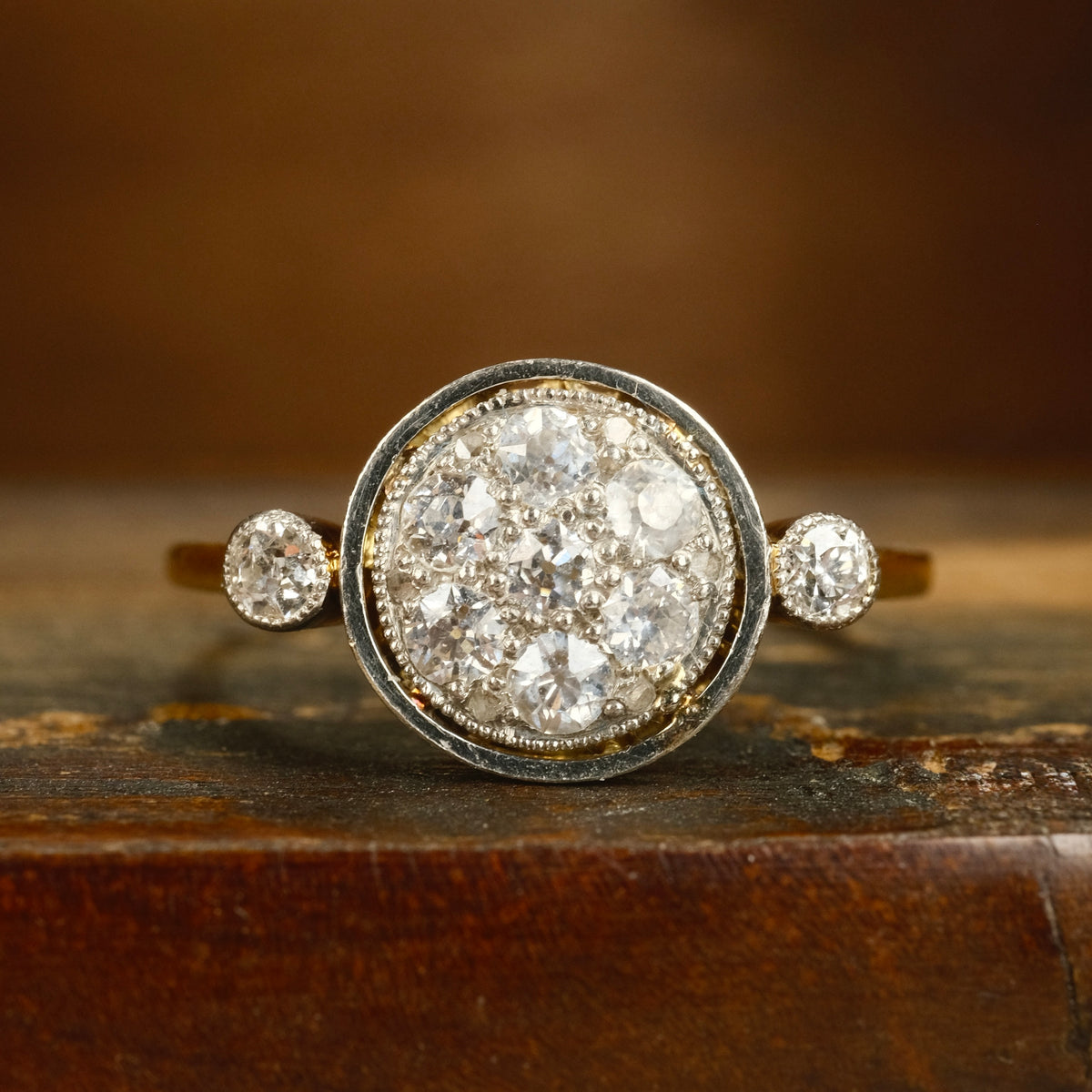 Antique 18ct Gold & Platinum Old cut Diamond Target Cluster Ring