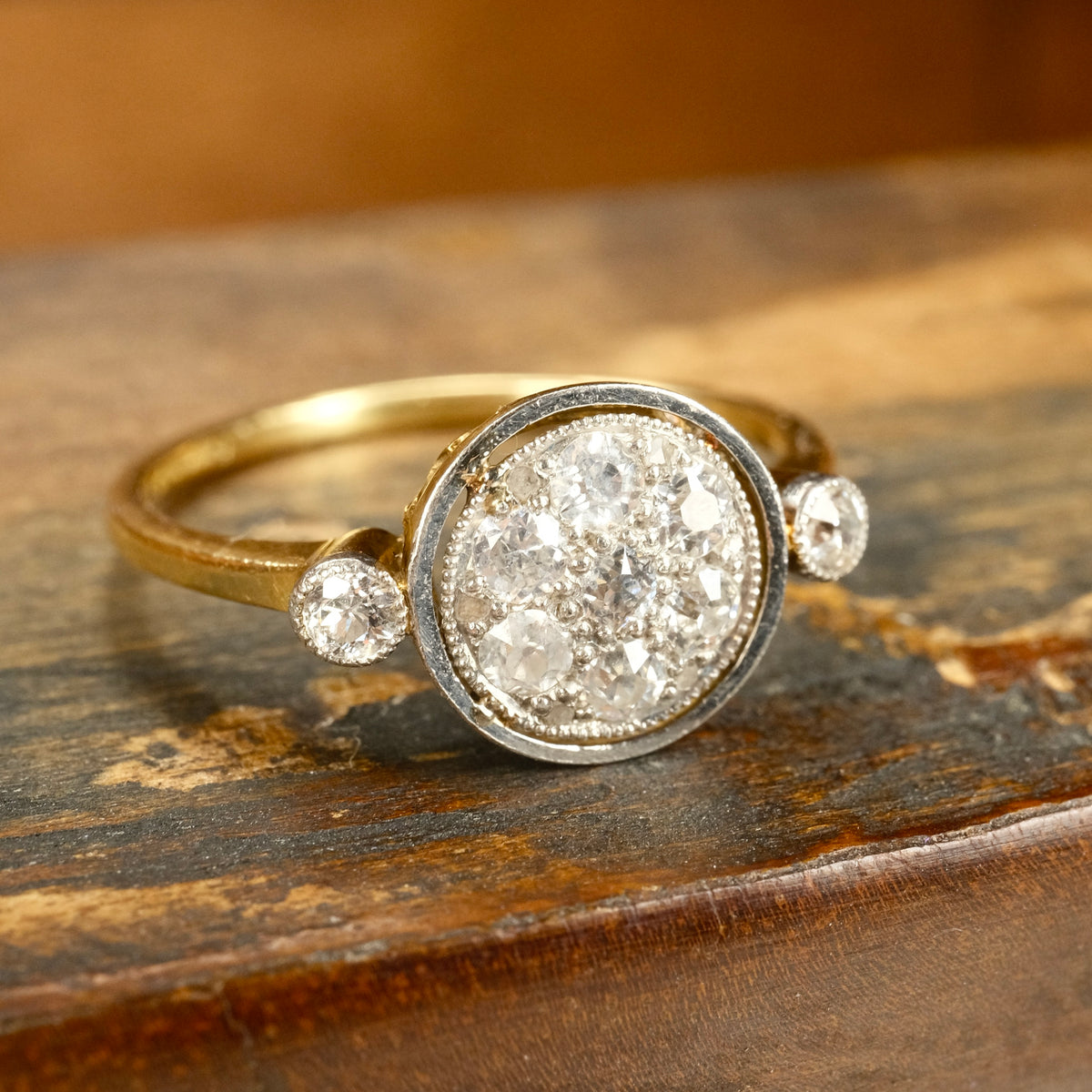 Antique 18ct Gold & Platinum Old cut Diamond Target Cluster Ring