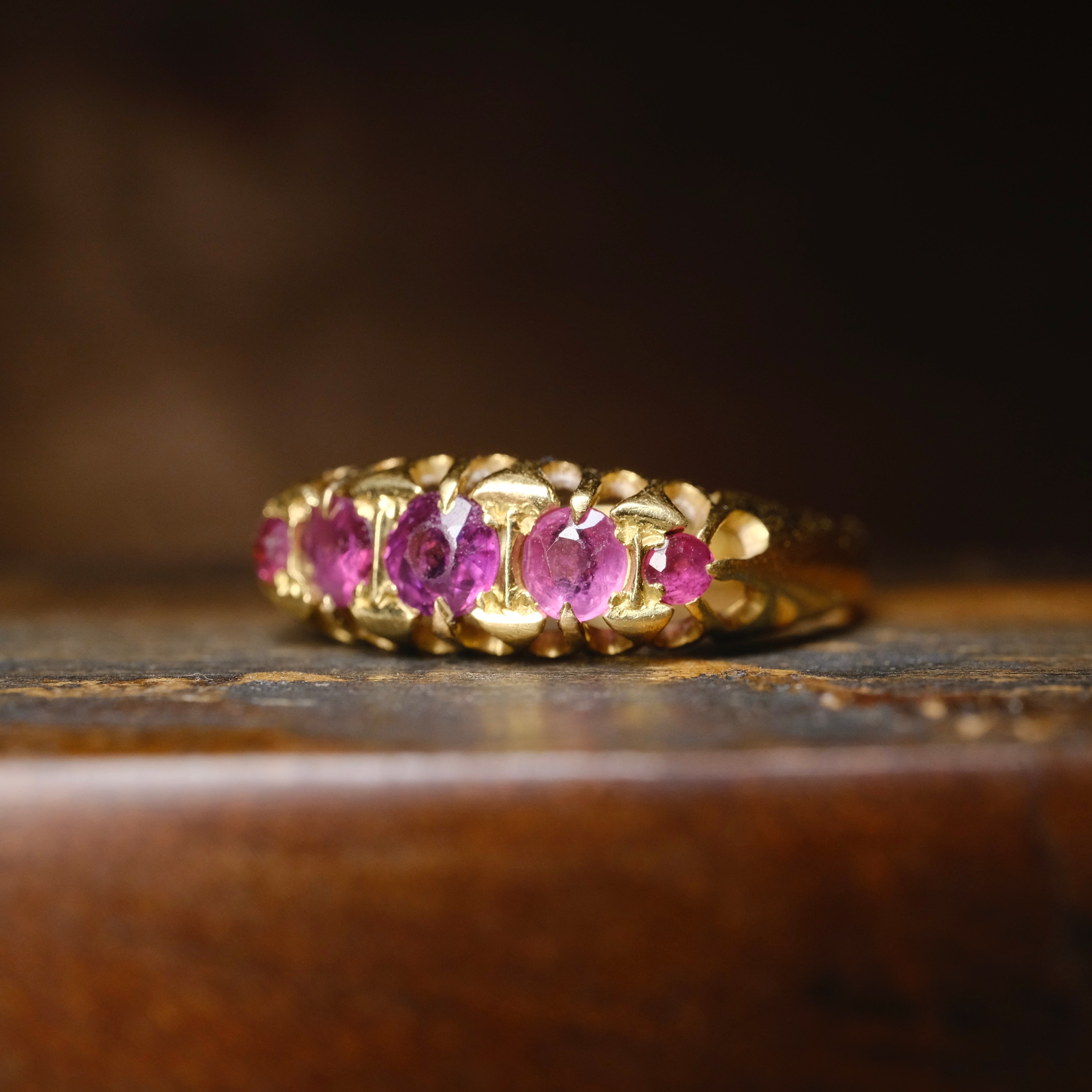 Antique 18ct Gold Five Stone Pink Tourmaline Ring, Hallmarked Chester 1919