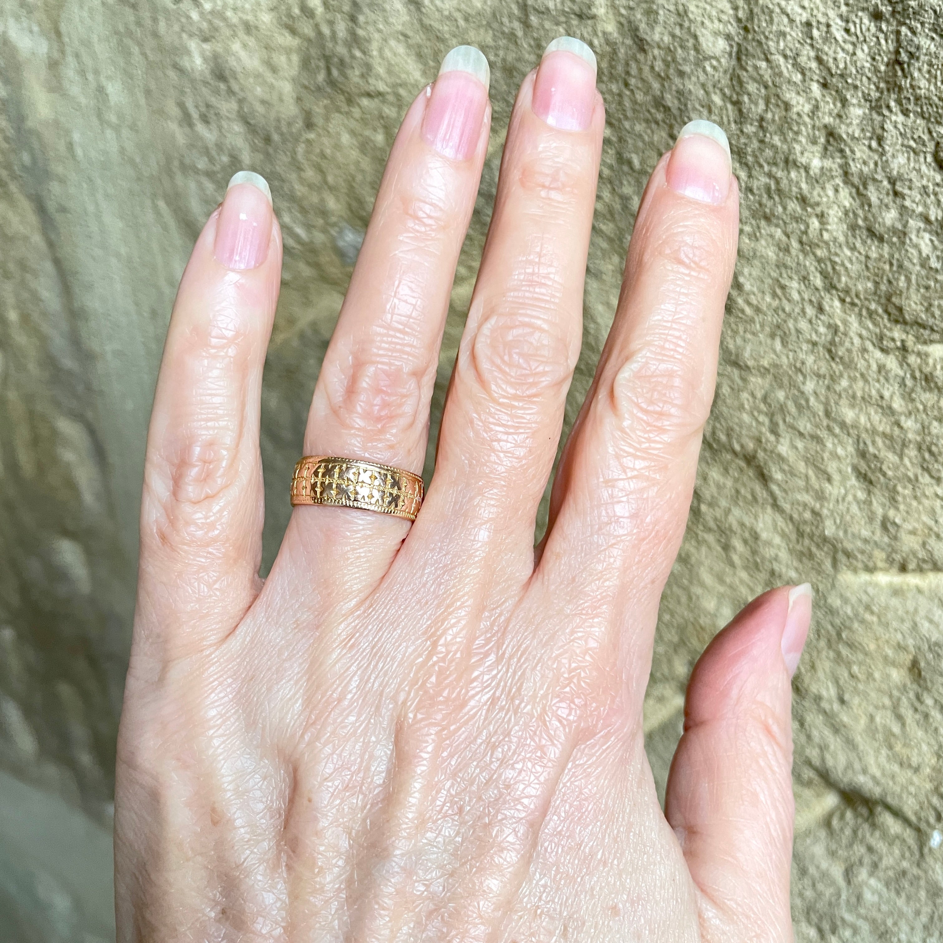 Victorian, 18ct Rose Gold, Embossed, Wide Band Ring, Hallmarked 1889