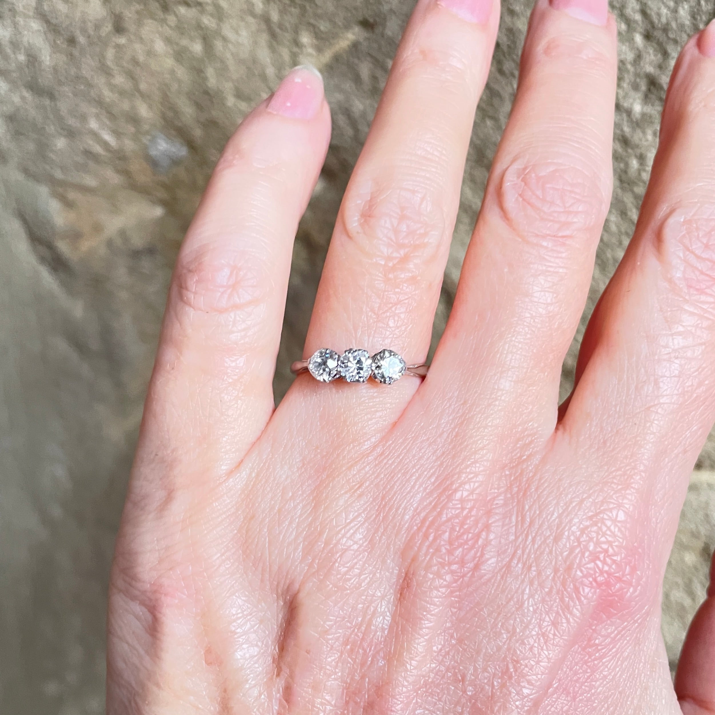 1920s, Art Deco, 18ct White Gold Platinum & Old Cut Diamond, Three Stone Ring