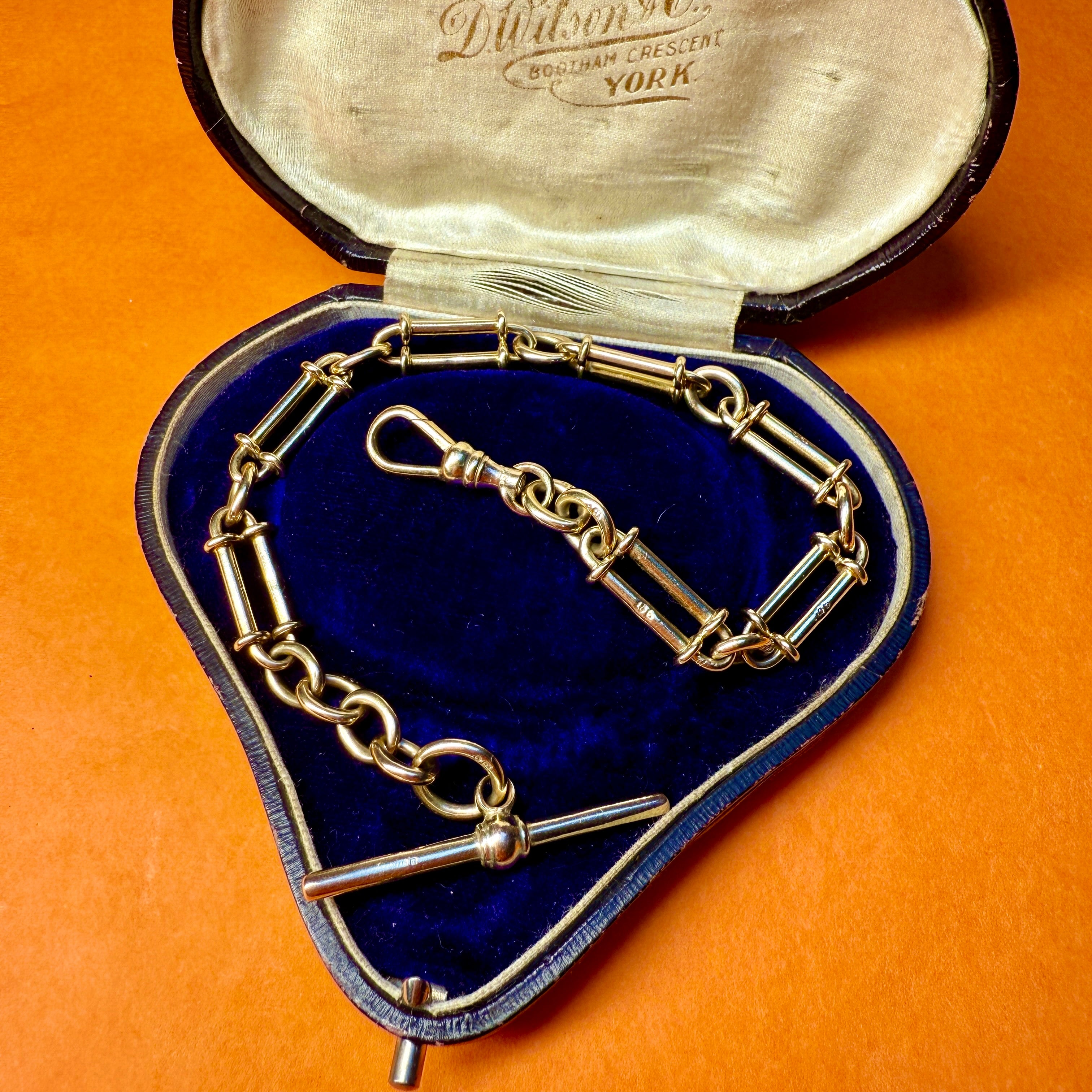 Antique 9ct Gold, Trombone Link Watch Chain Bracelet, With Dog Clip Clasp and T Bar, 22.3 Grams
