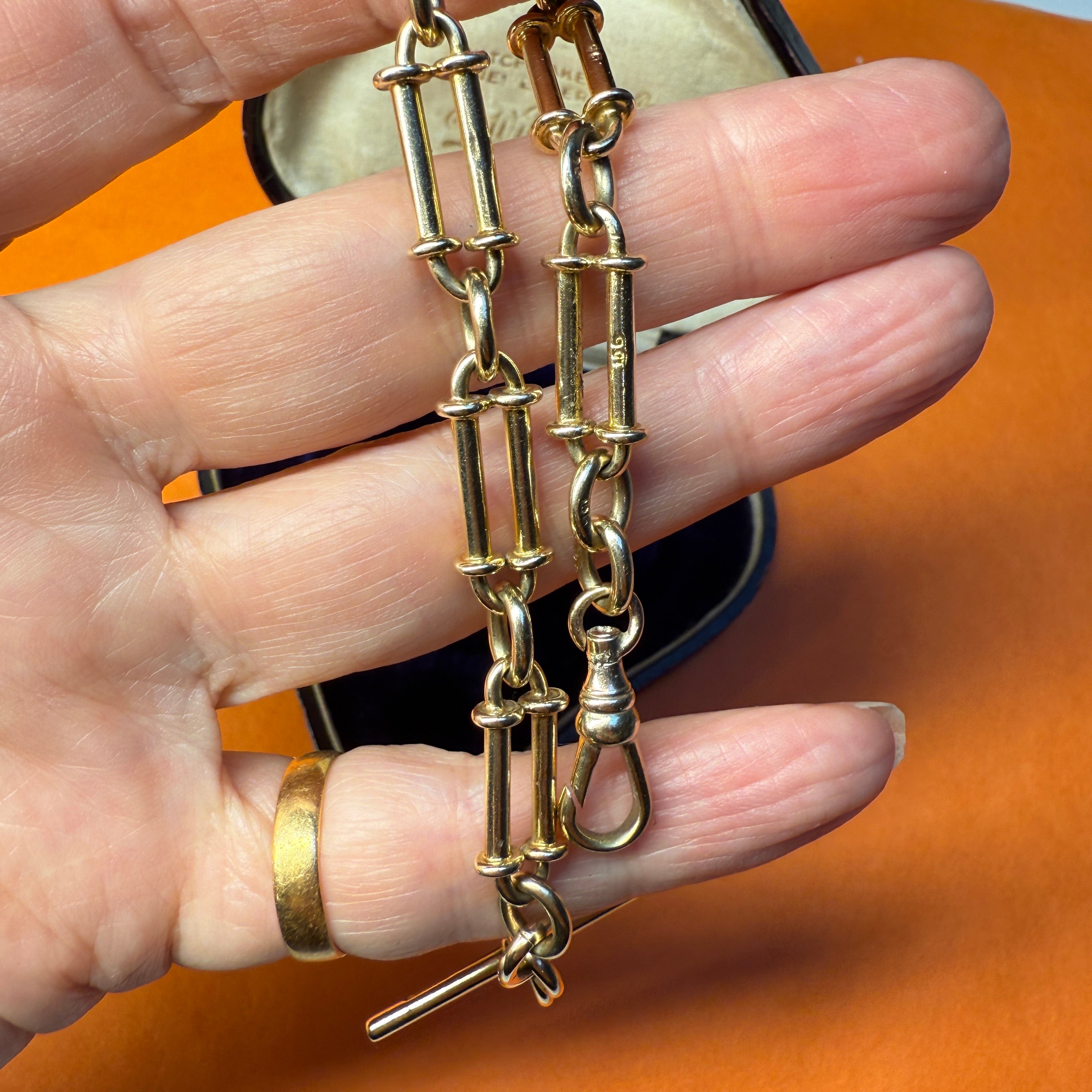 Antique 9ct Gold, Trombone Link Watch Chain Bracelet, With Dog Clip Clasp and T Bar, 22.3 Grams