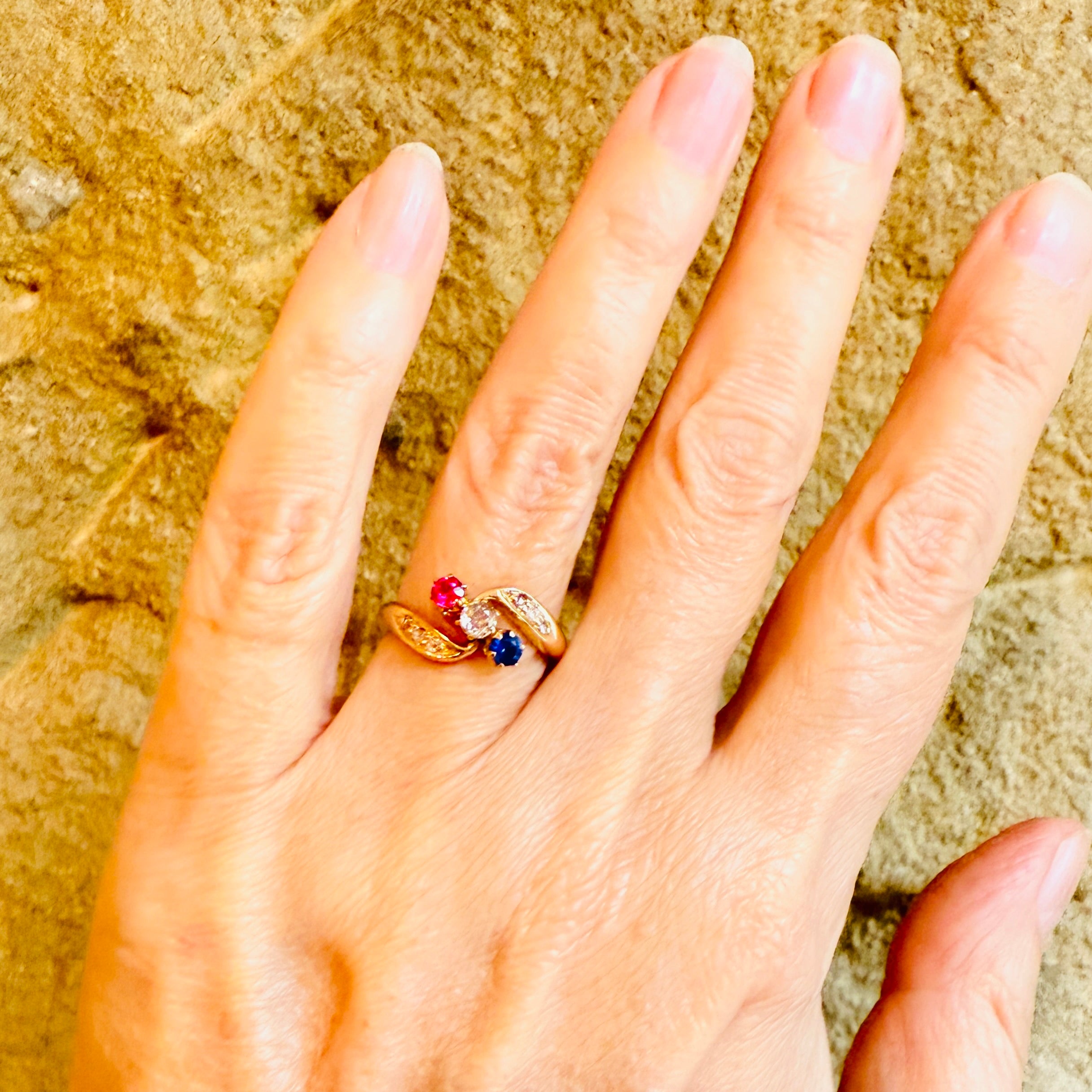 Antique, Edwardian 18ct Gold, Ruby, Sapphire & Old Cut Diamond, Bypass Ring