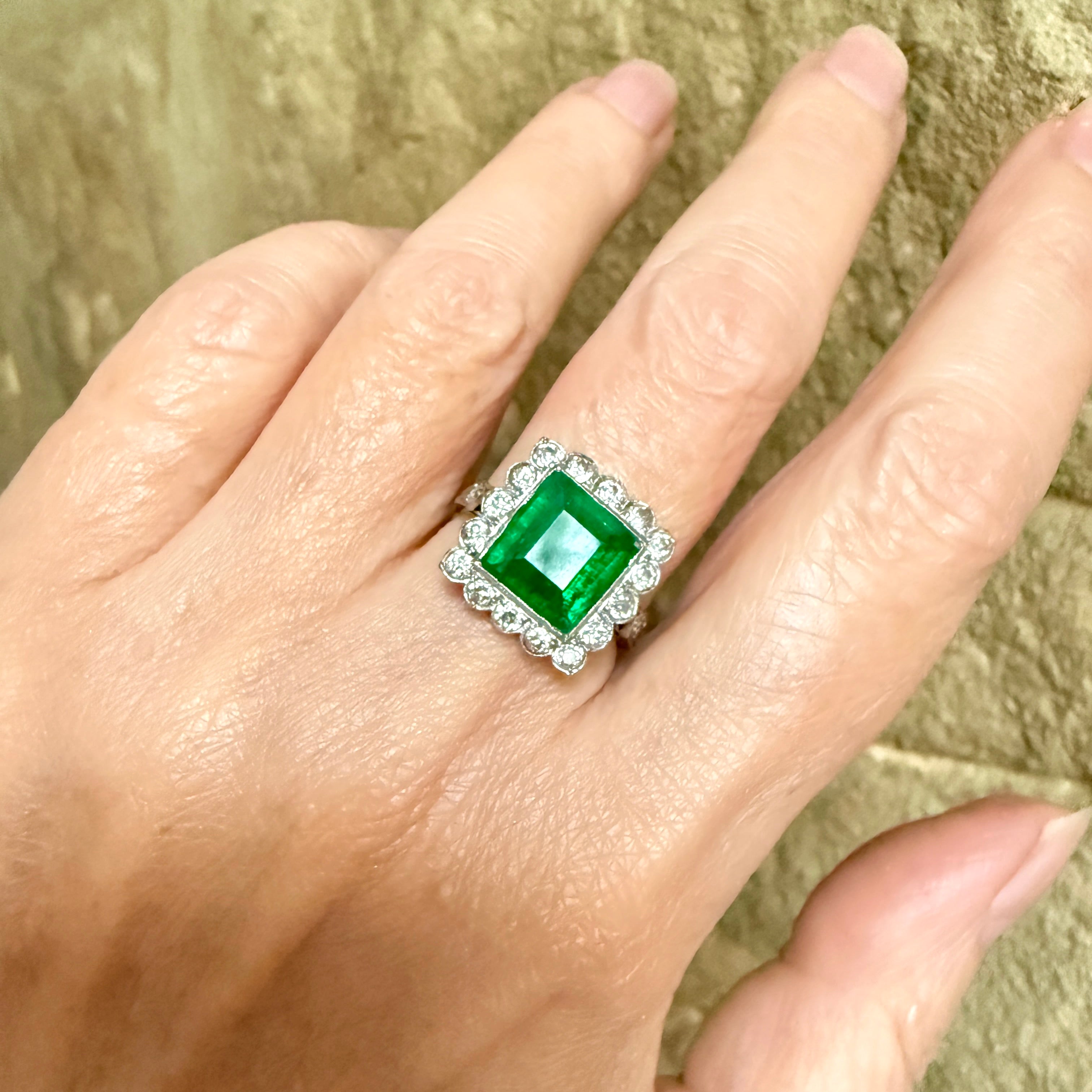 1920s, Art Deco, Emerald & Old Cut Diamond, Platinum, Square Cluster Ring
