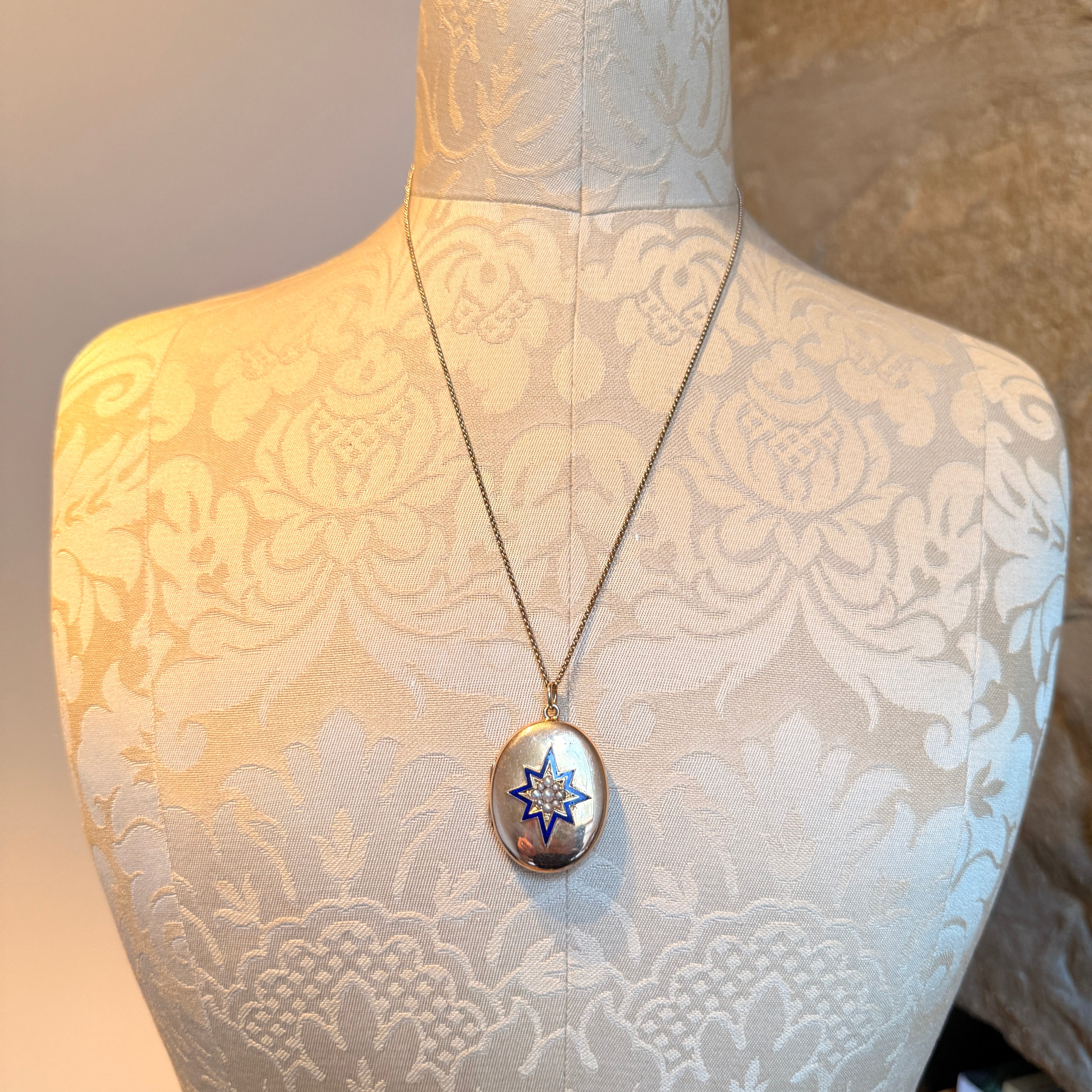 Antique, Victorian 15ct Gold Locket With Blue Enamel Star & Split Pearls, 12 Grams