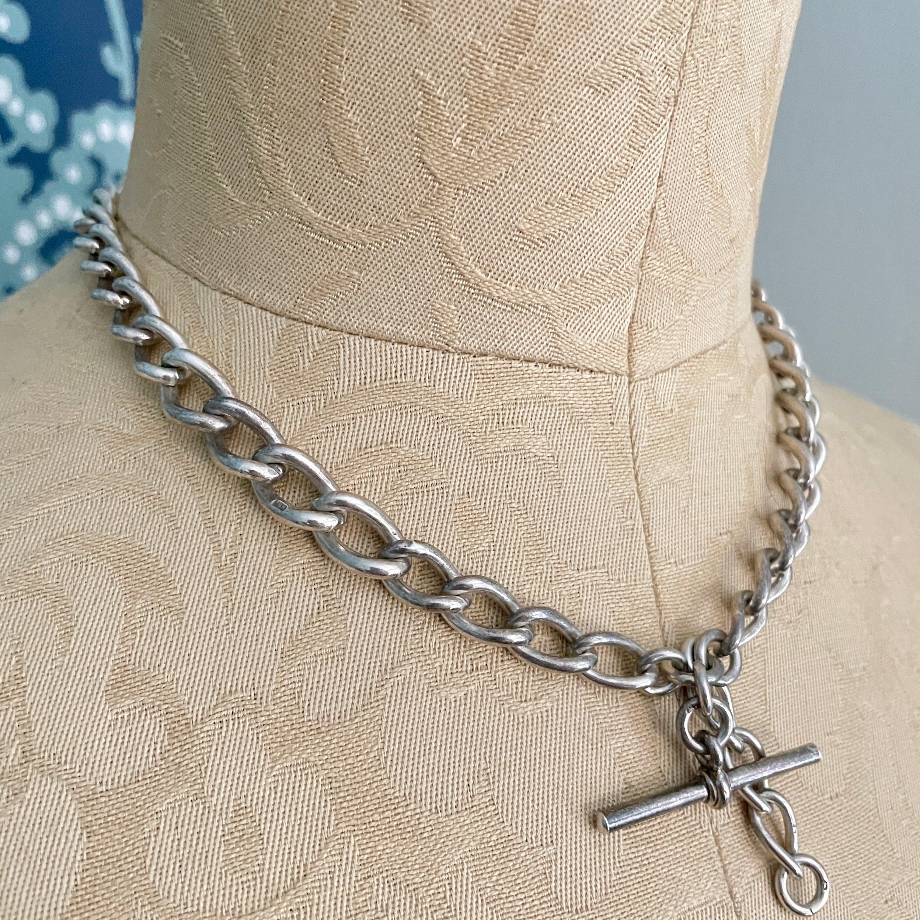 Sterling Silver, antique albert chain necklace with T bar 