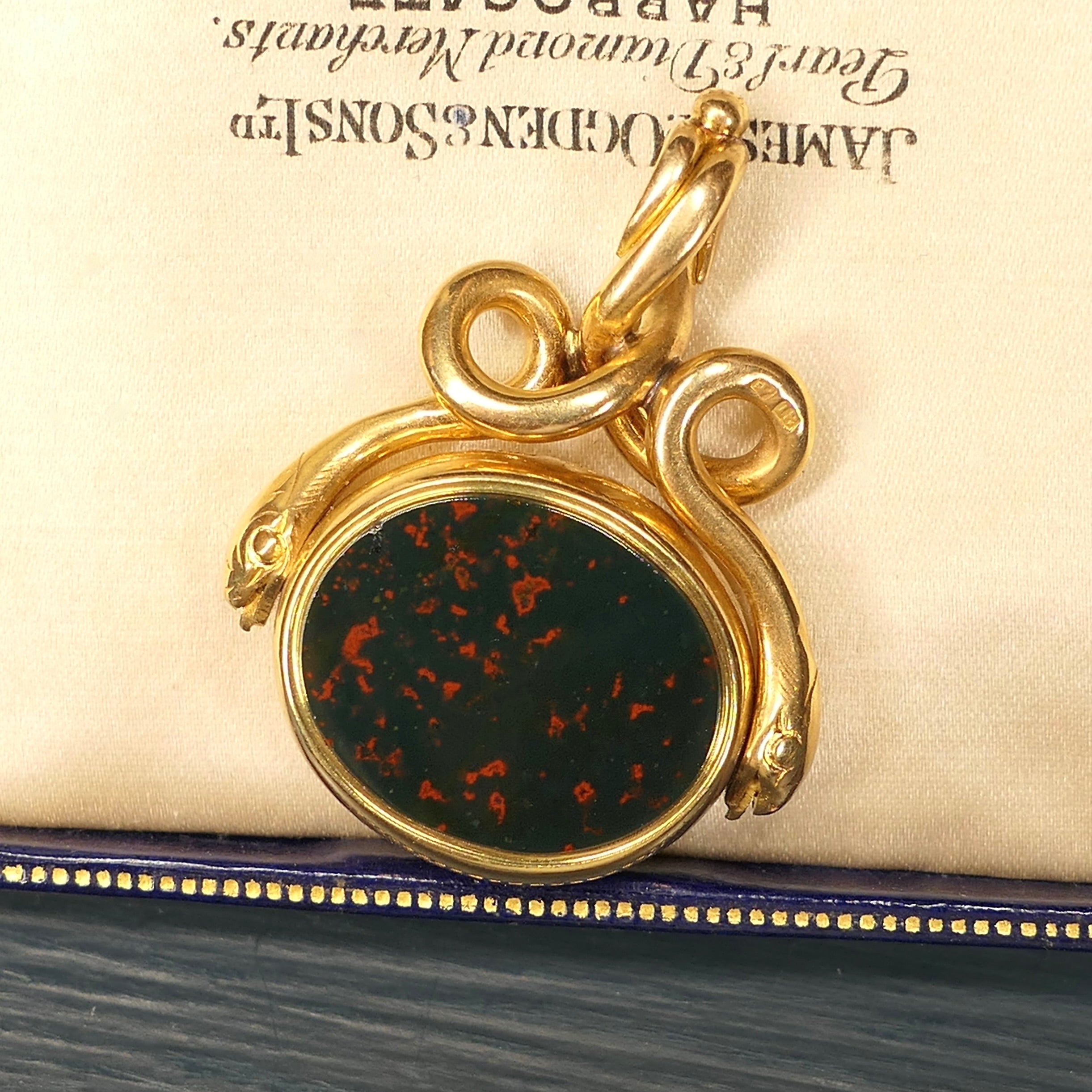 bloodstone double snake antique fob, pendant