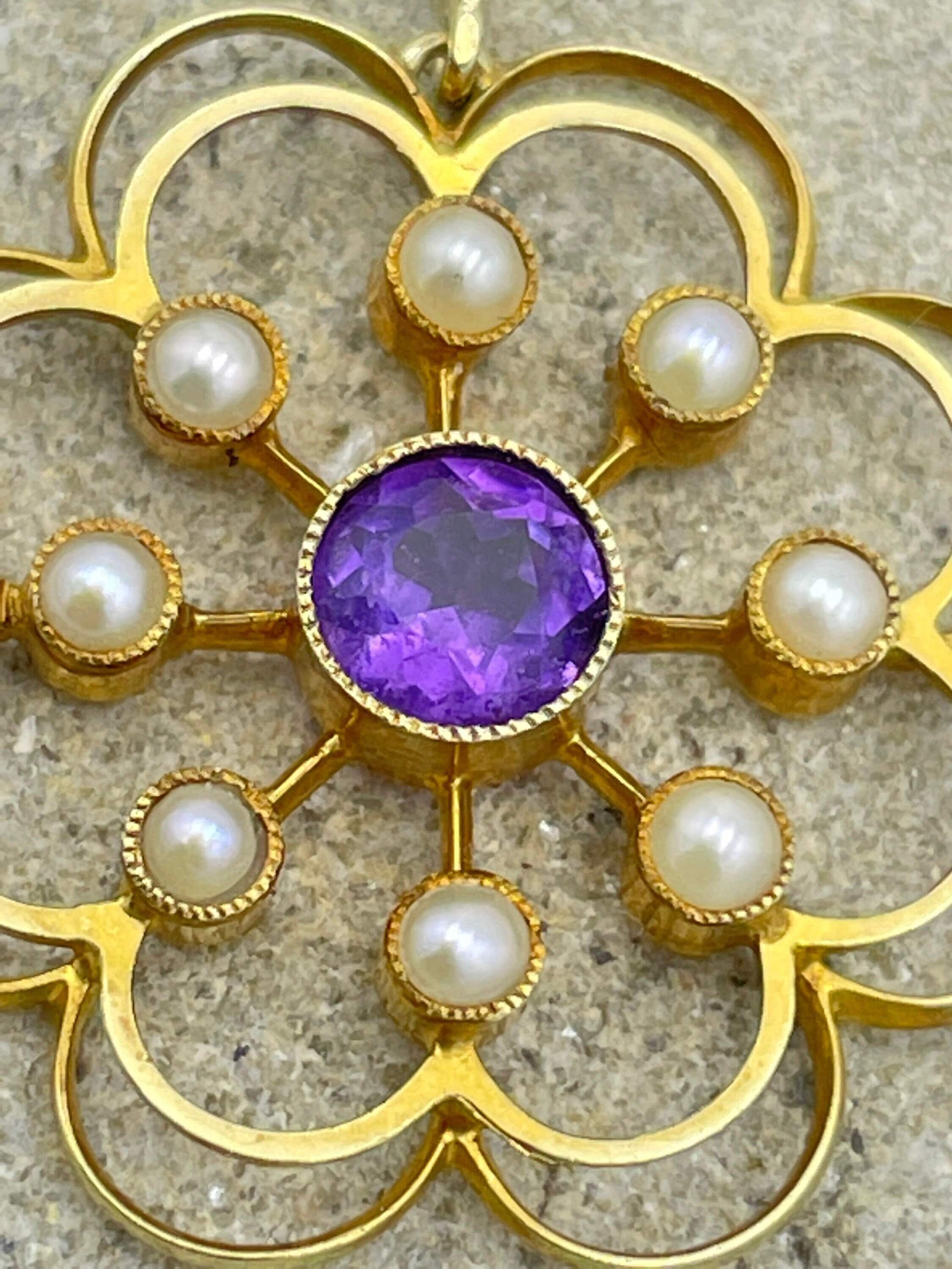 antique 15ct gold, amethyst and pearl necklace 