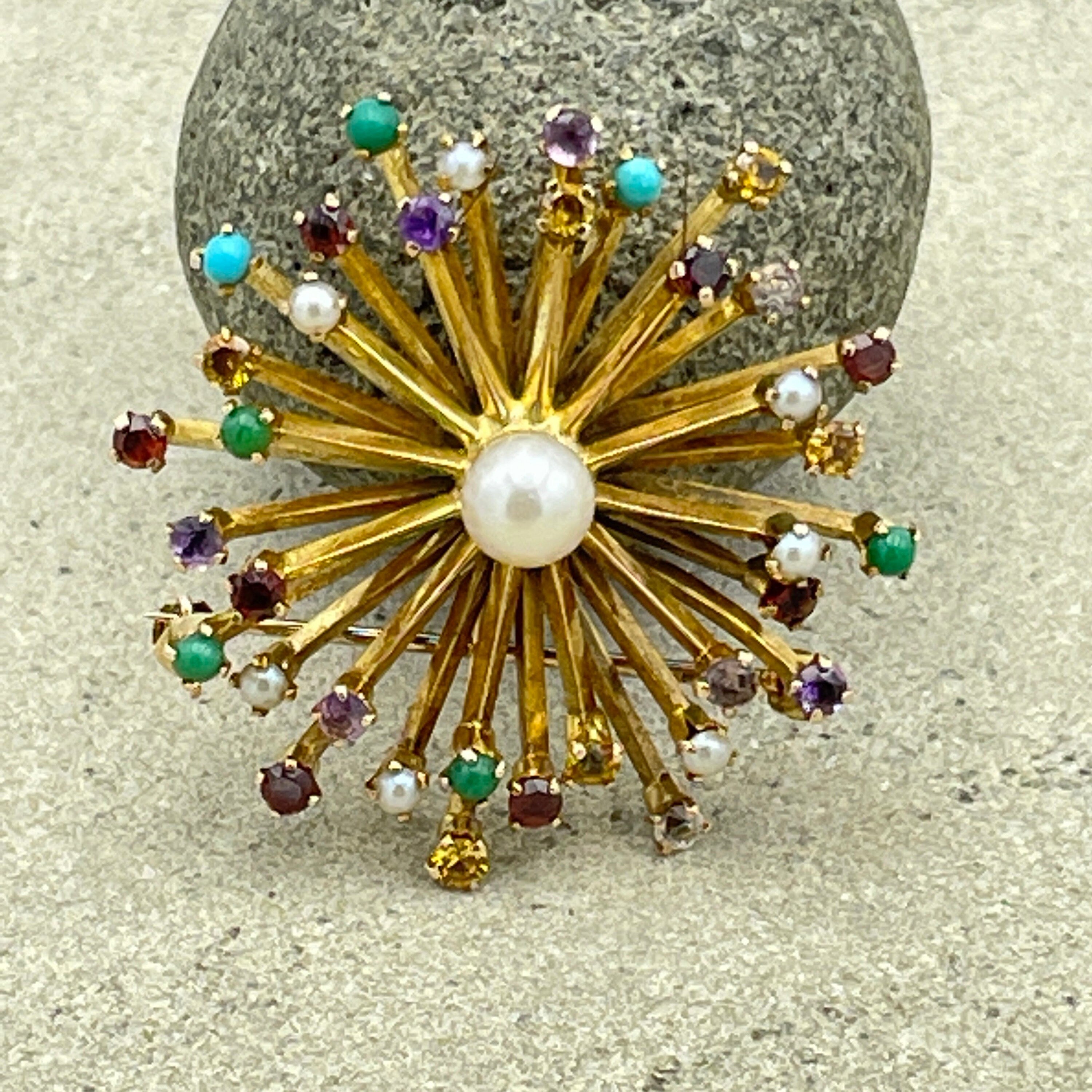 Vintage 1960s, 9ct Gold, multi gem & cultured Pearl starburst brooch