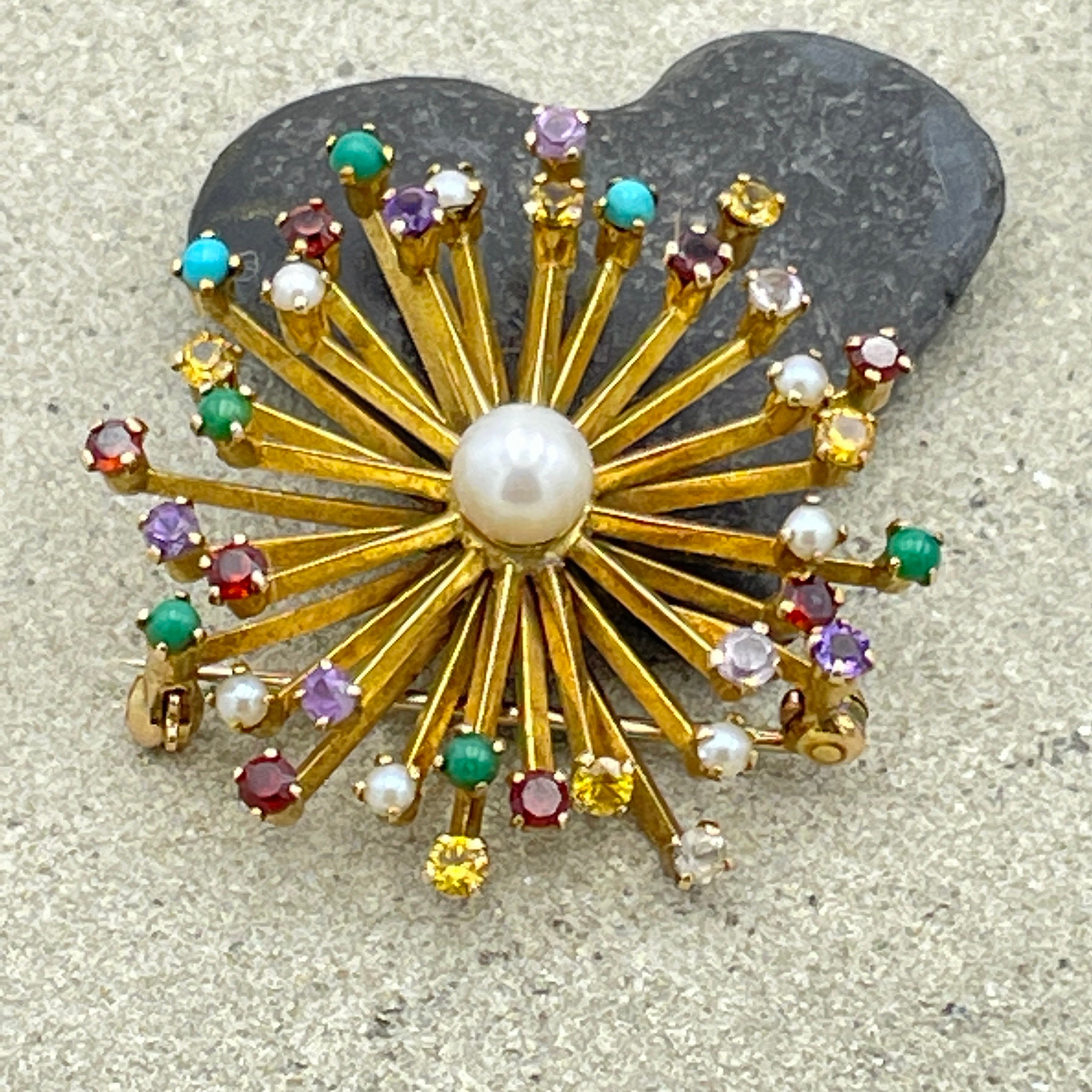 Vintage 1960s, 9ct Gold, multi gem & cultured Pearl starburst brooch