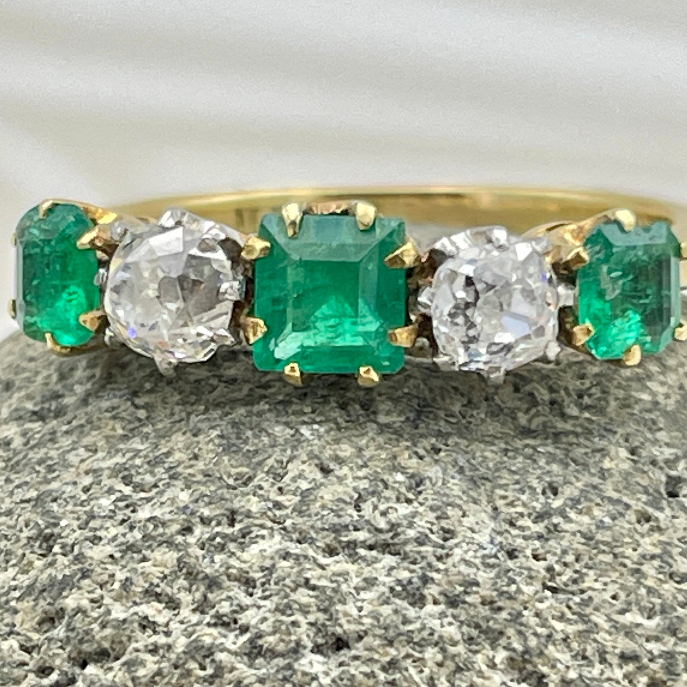 Edwardian 18ct Gold, old mine cut Diamond & Emerald five stone ring