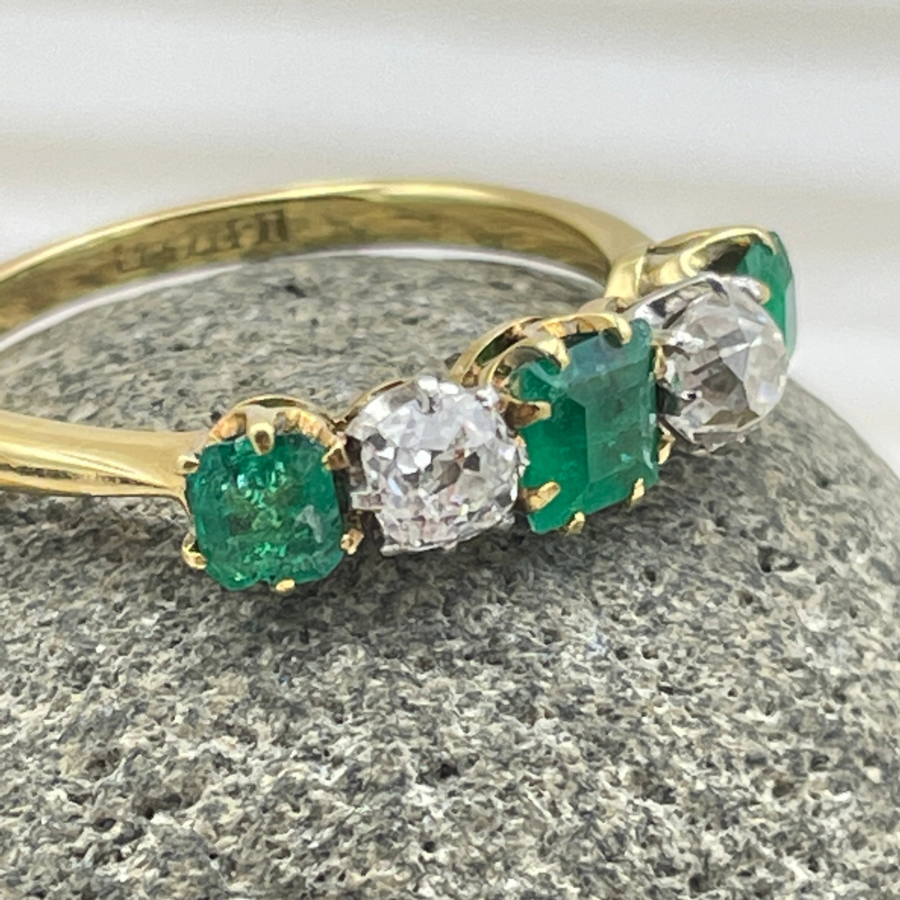 Edwardian 18ct Gold, old mine cut Diamond & Emerald five stone ring