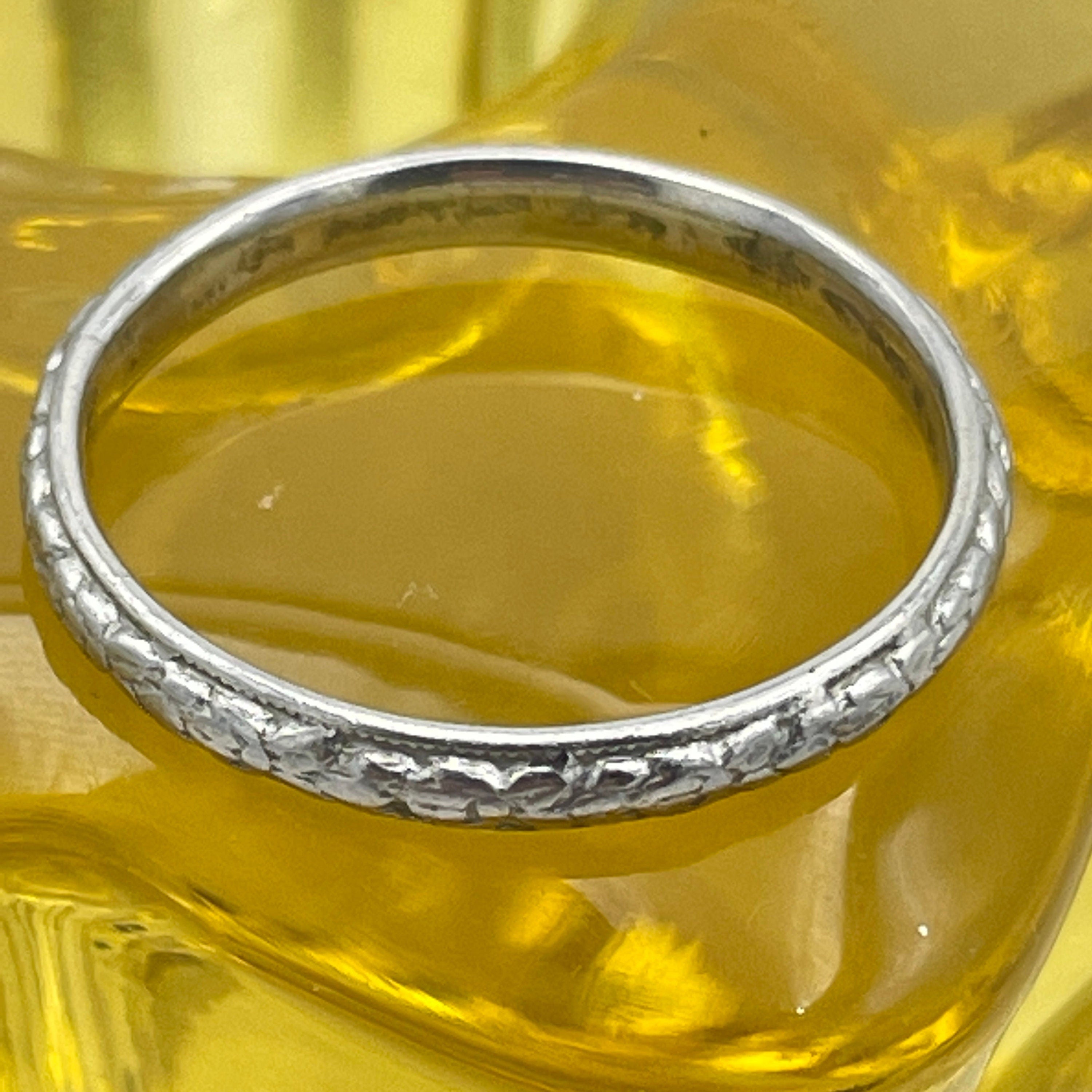 Vintage platinum embossed wedding band ring
