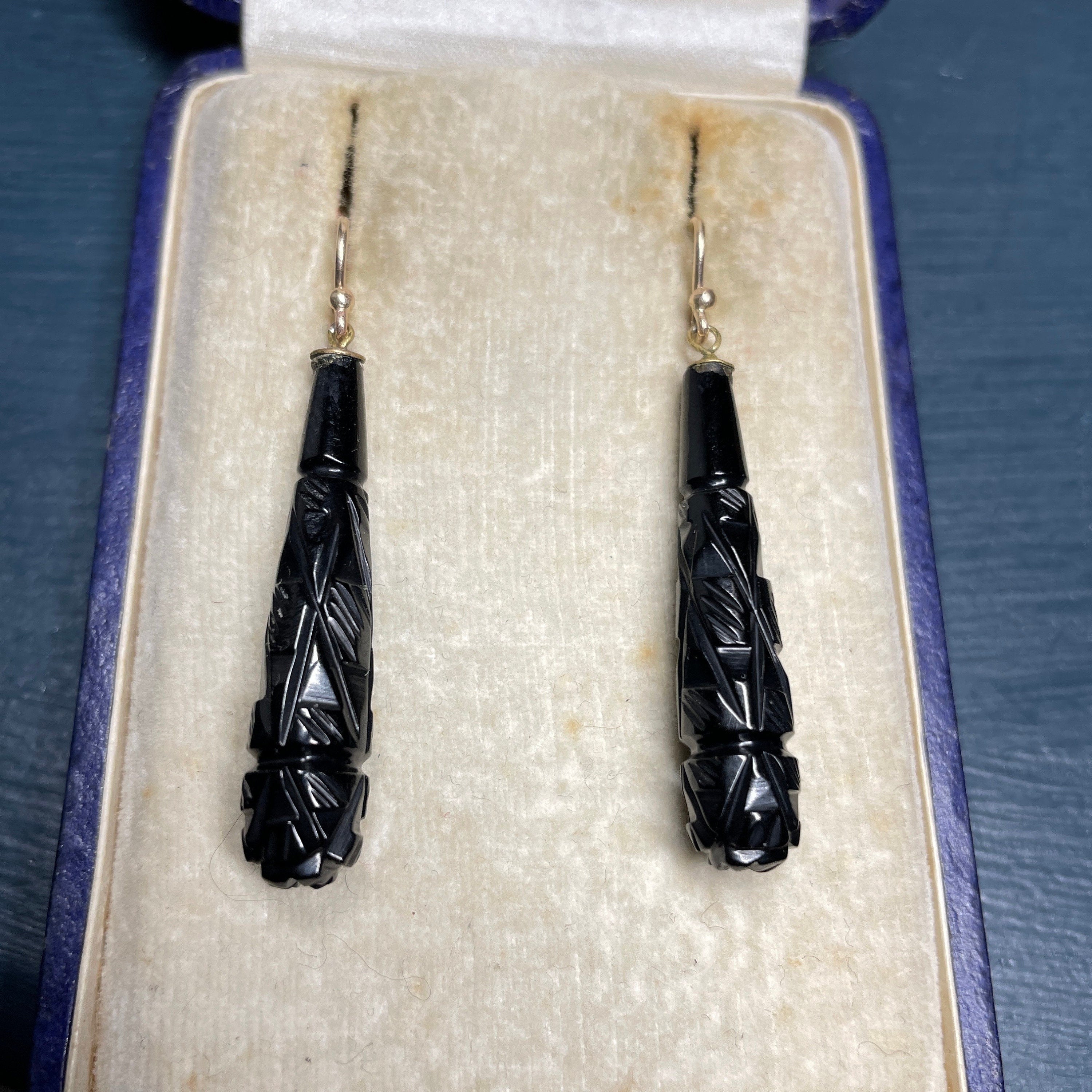 Victorian carved whitby jet torpedo drop earrings with 9ct gold hooks