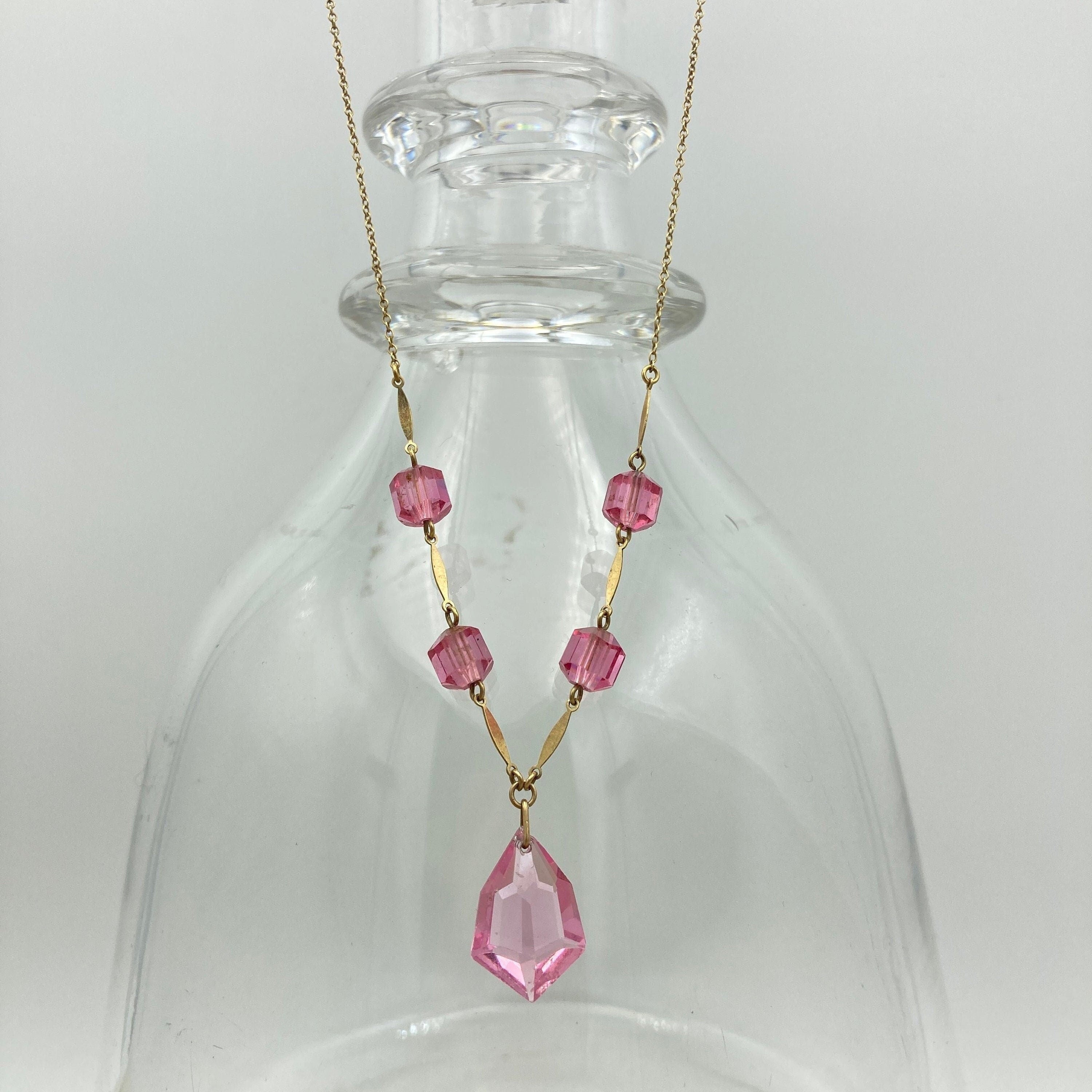 Art deco 9ct gold faceted pink glass drop fine trace link chain necklace 39cm long 9k gold
