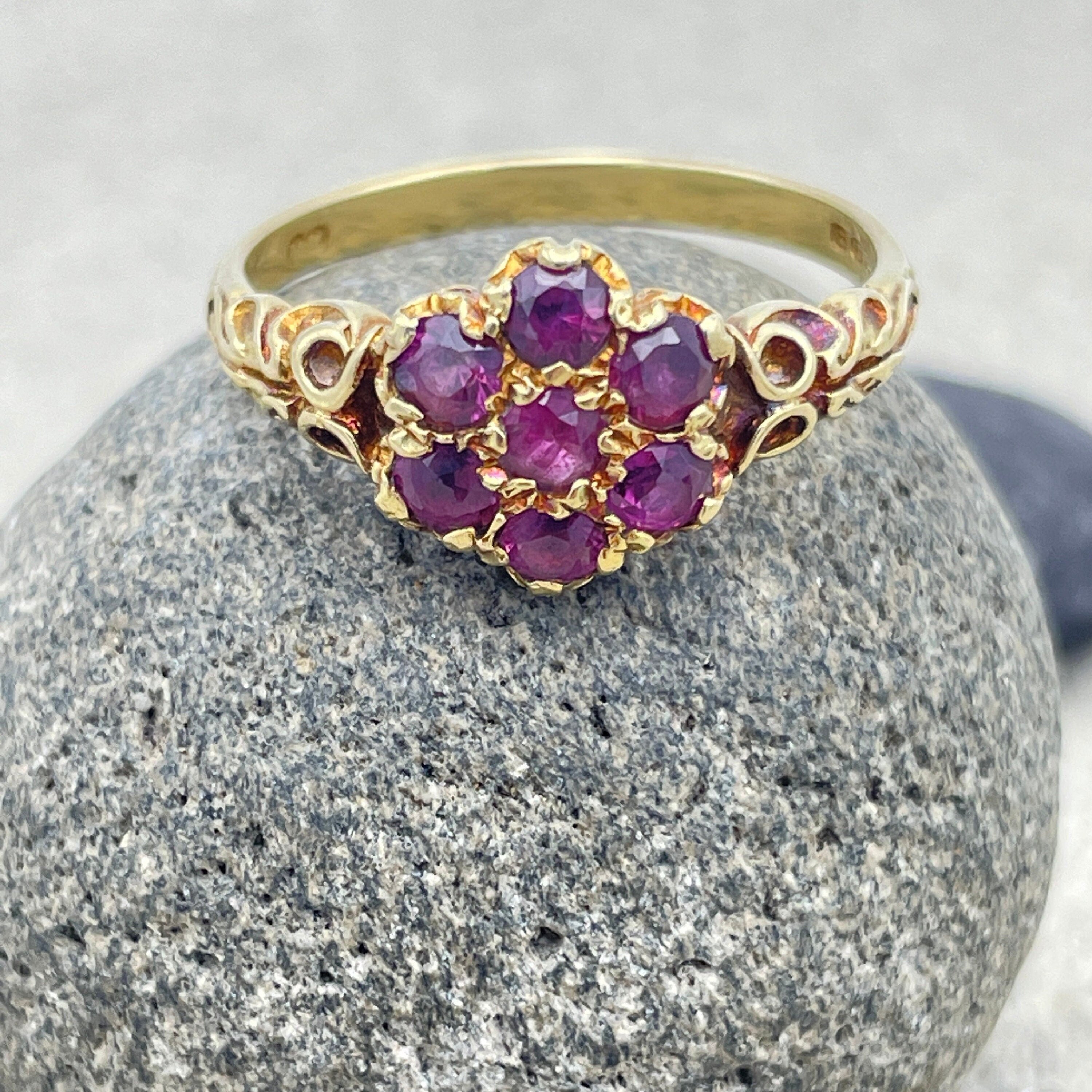 Vintage, victorian style, 18ct gold ruby daisy cluster ring
