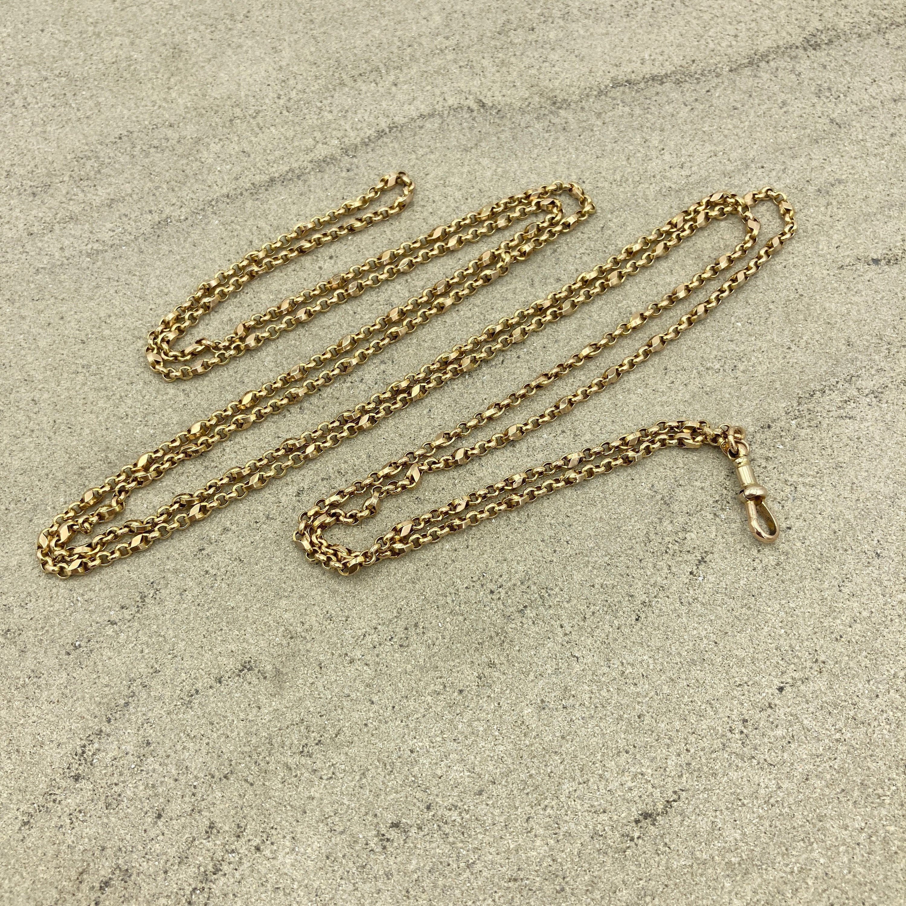 Antique 9ct Gold Long guard Chain, Tulip & Belcher Link Chain Necklace, With Dog Clip 23.3 grams