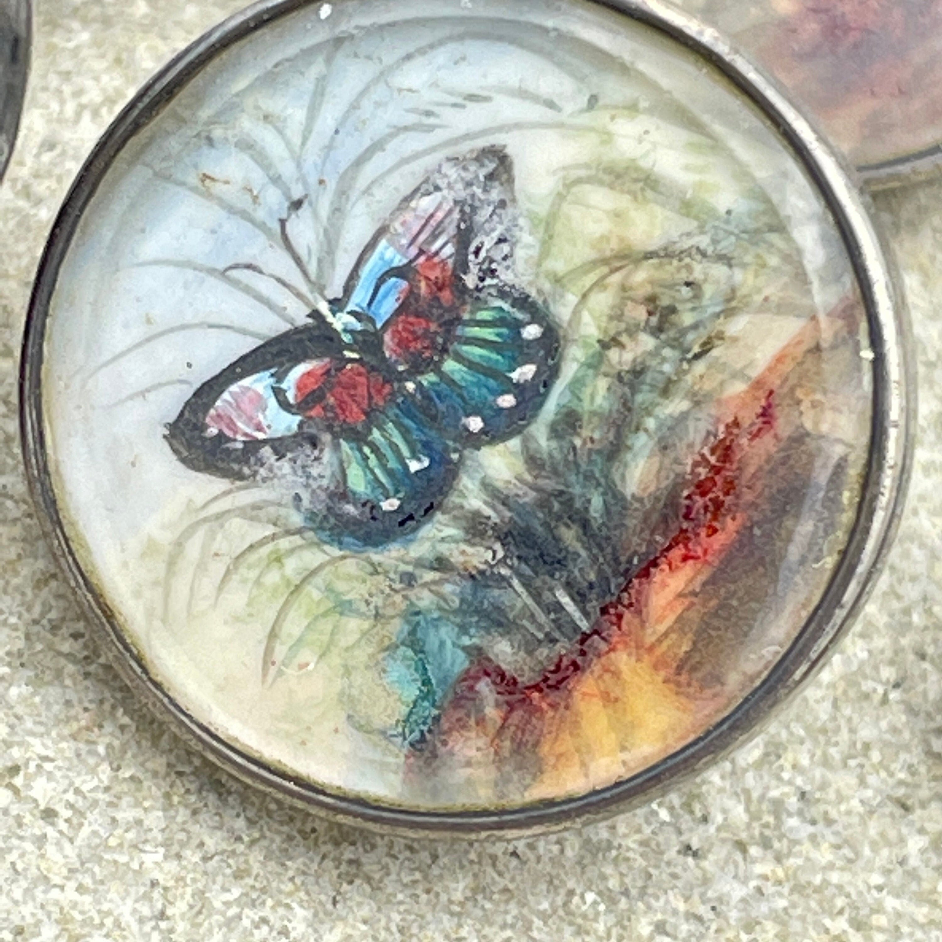 Edwardian, set of 6, hand painted butterflies, sterling silver buttons