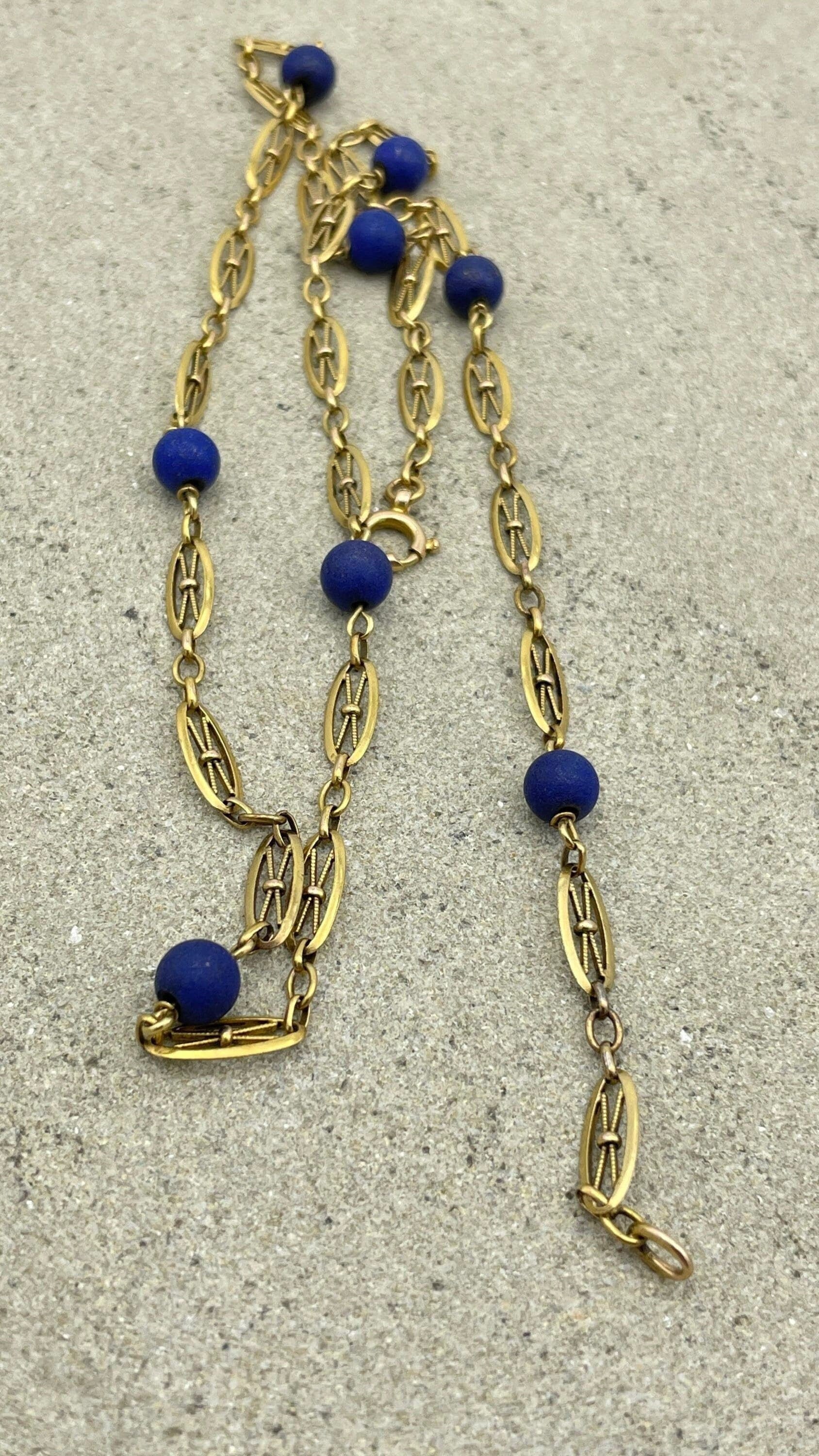 Antique 14ct gold fancy link chain necklace with lapis lazuli bead spacers c1910