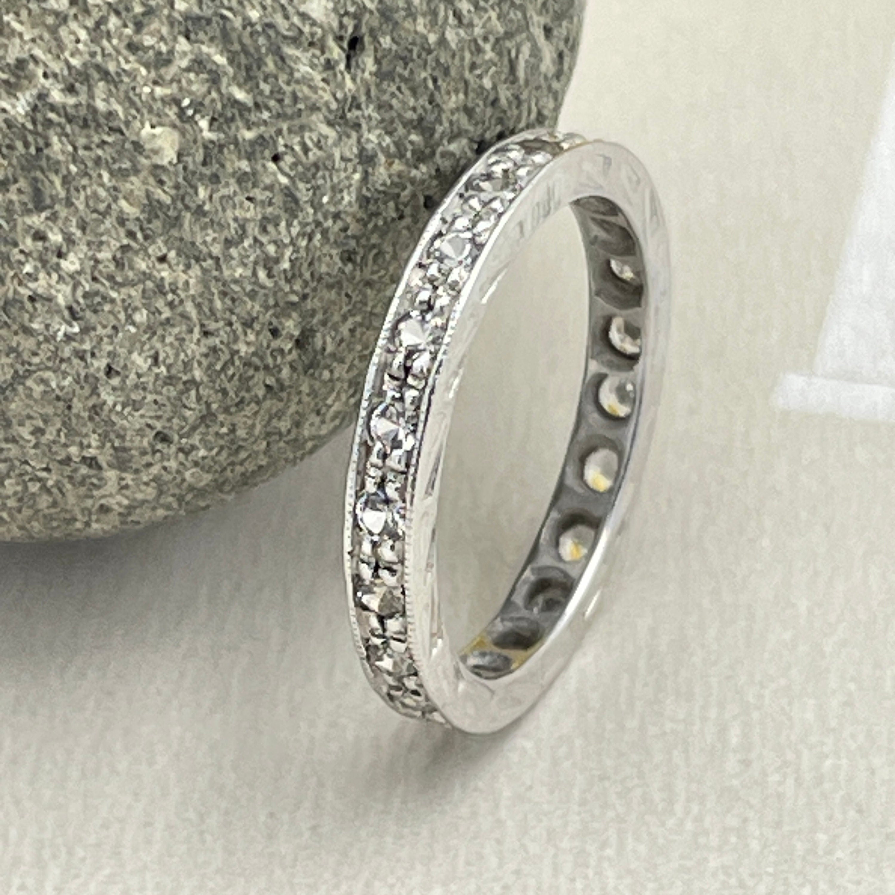 Art deco, 9ct white gold white topaz, etched eternity ring
