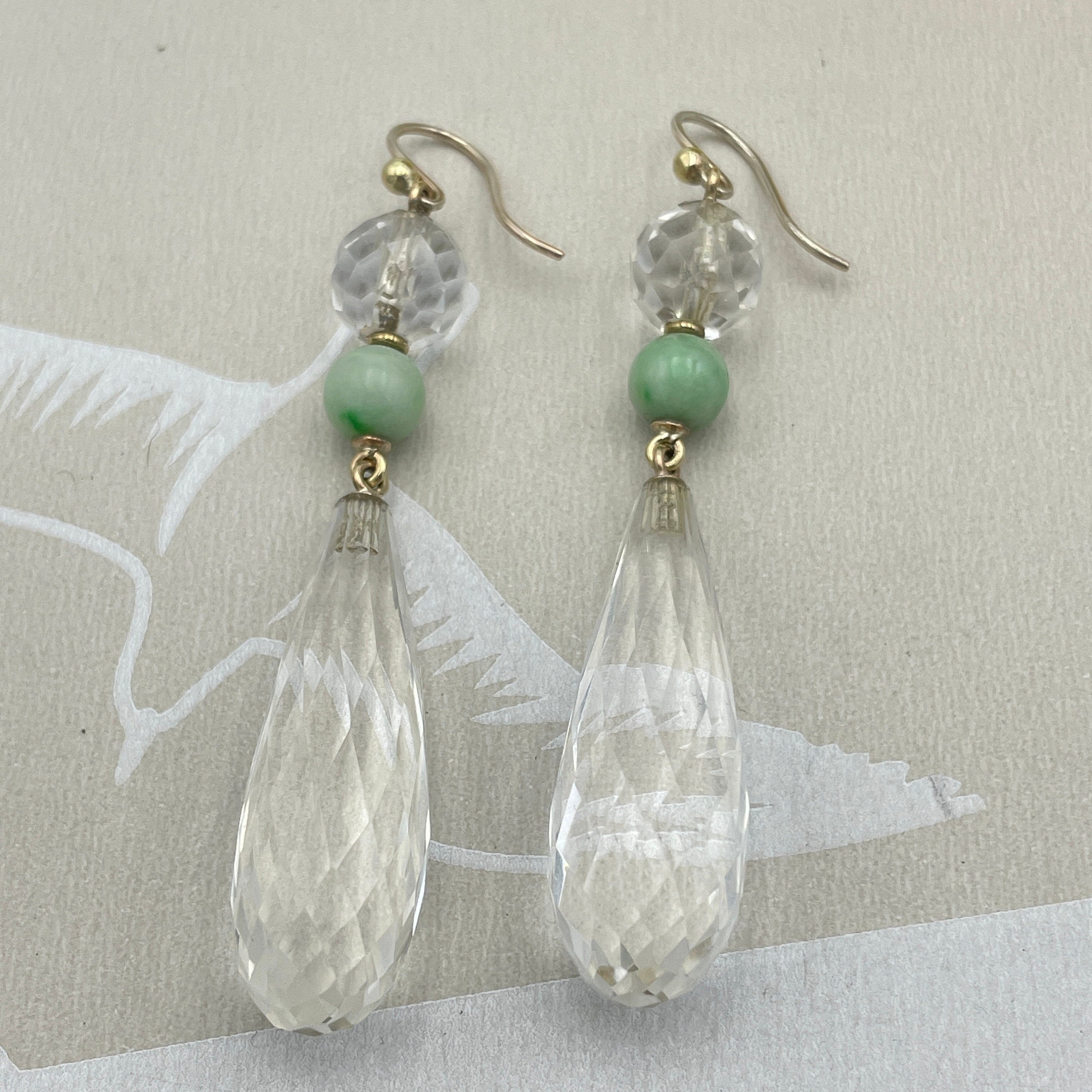 1930s art deco, 9ct gold, briolette rock crystal & jade, long drop earrings