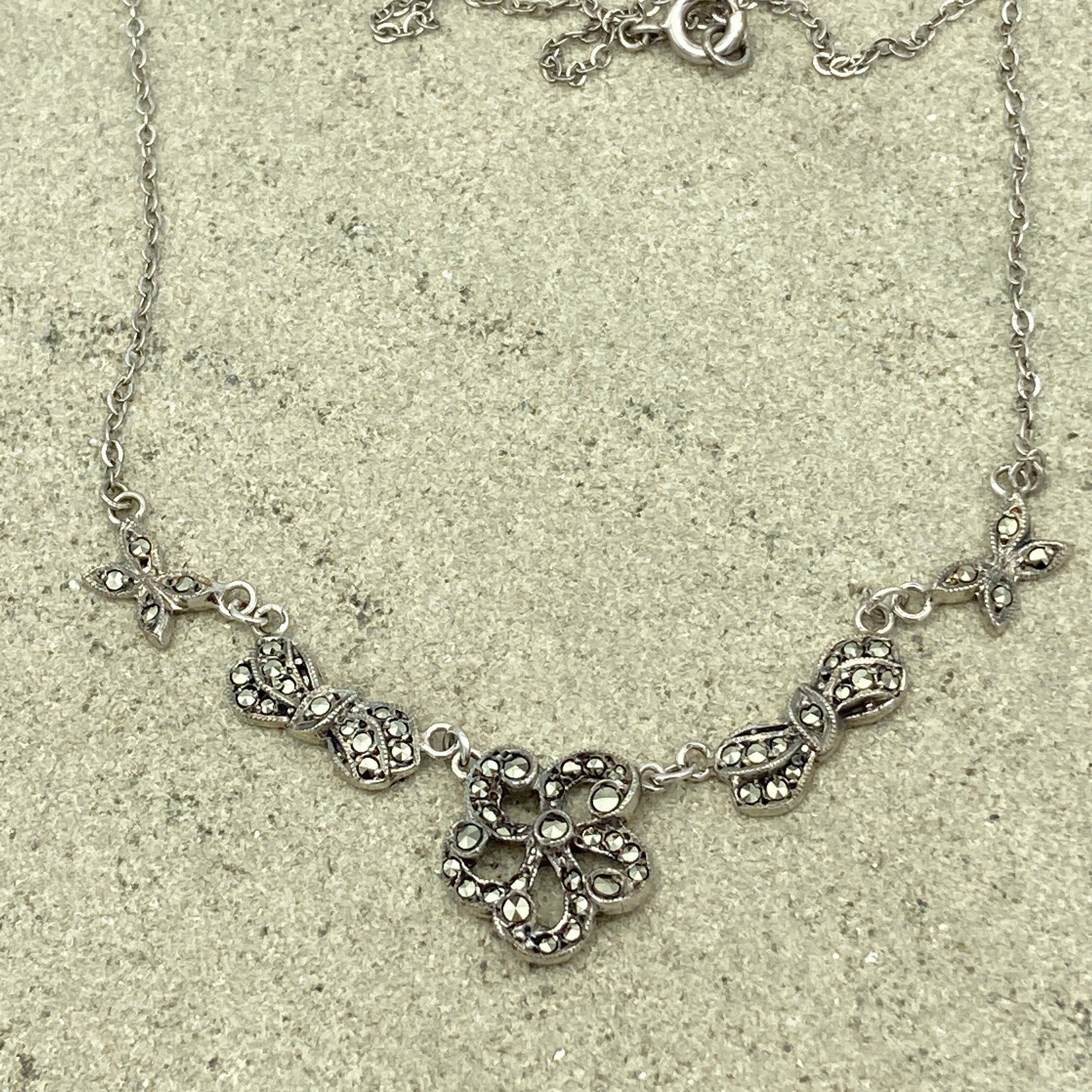 Vintage 1950s sterling silver and marcasite flower bows & butterfly necklace