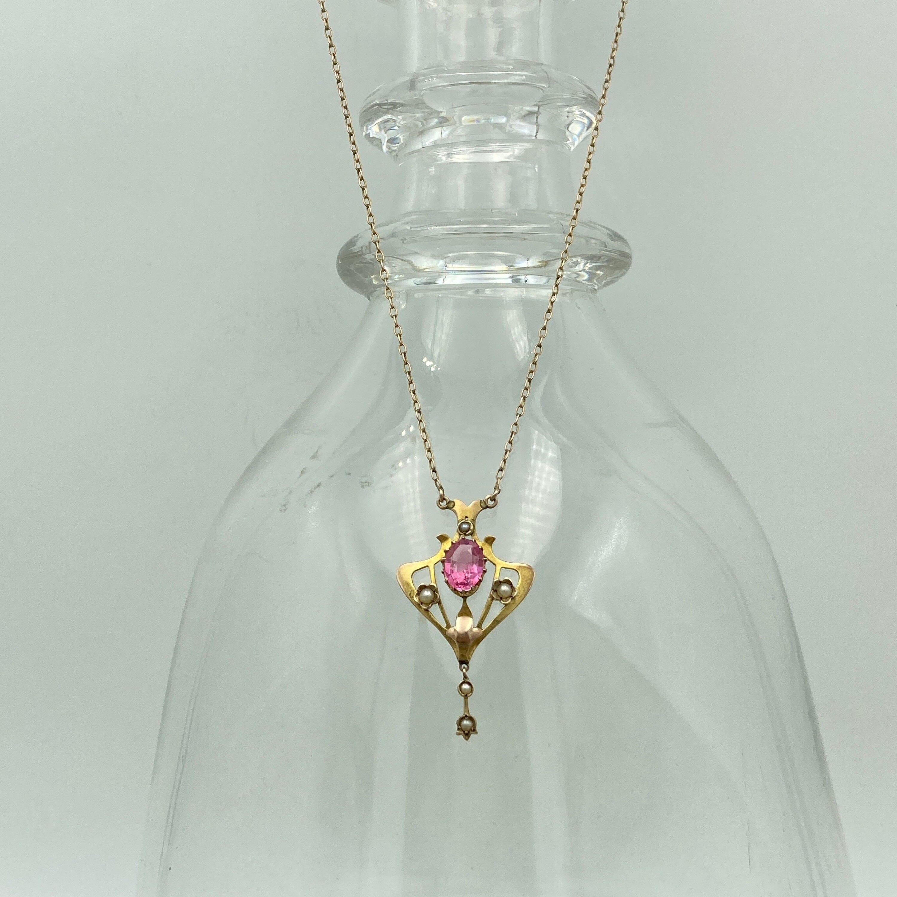 Edwardian 9ct gold pink tourmaline & seed pearl pendant necklace-  9ct gold trace link chain, barrel clasp