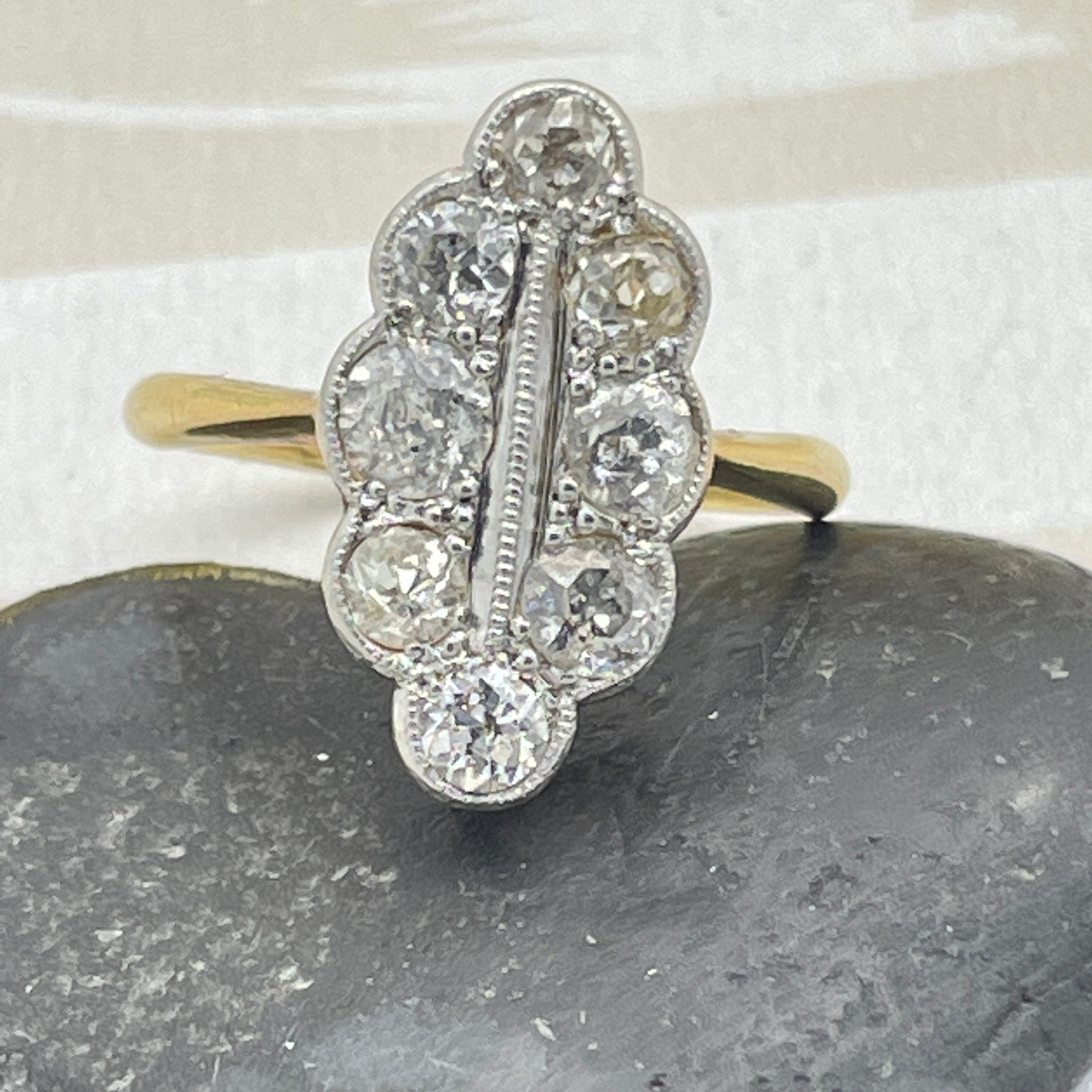 Edwardian 18ct gold & platinum old cut diamond navette ring