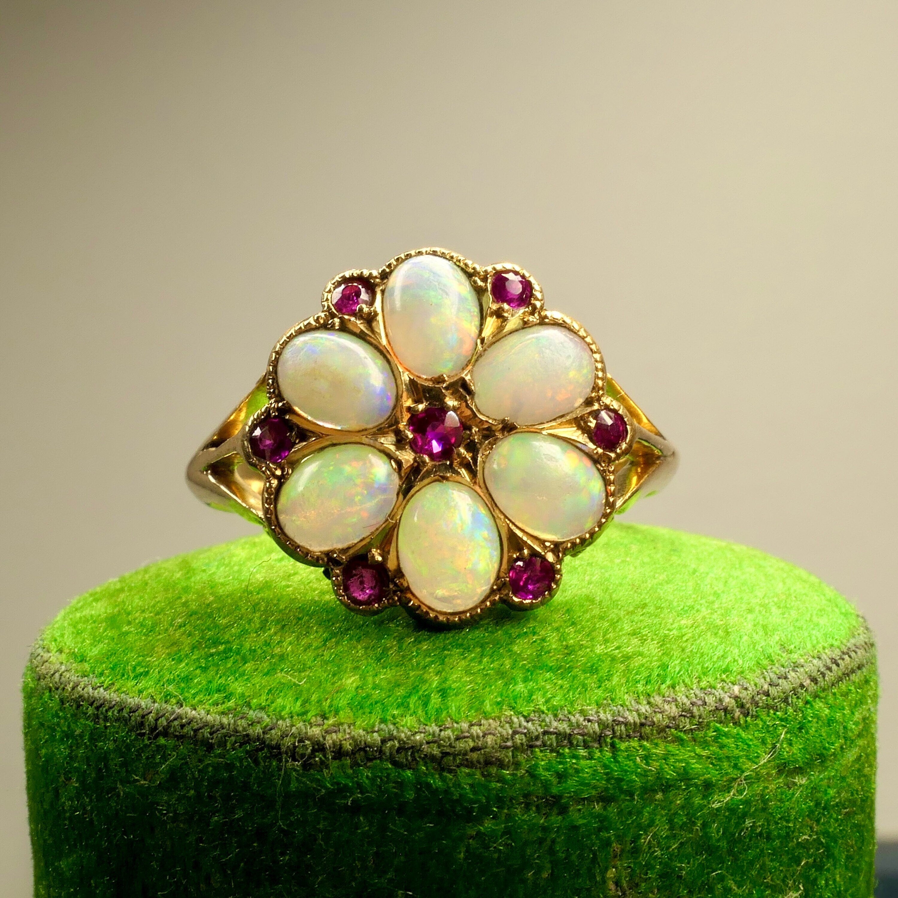 antique 18ct gold, opal and Ruby cluster ring