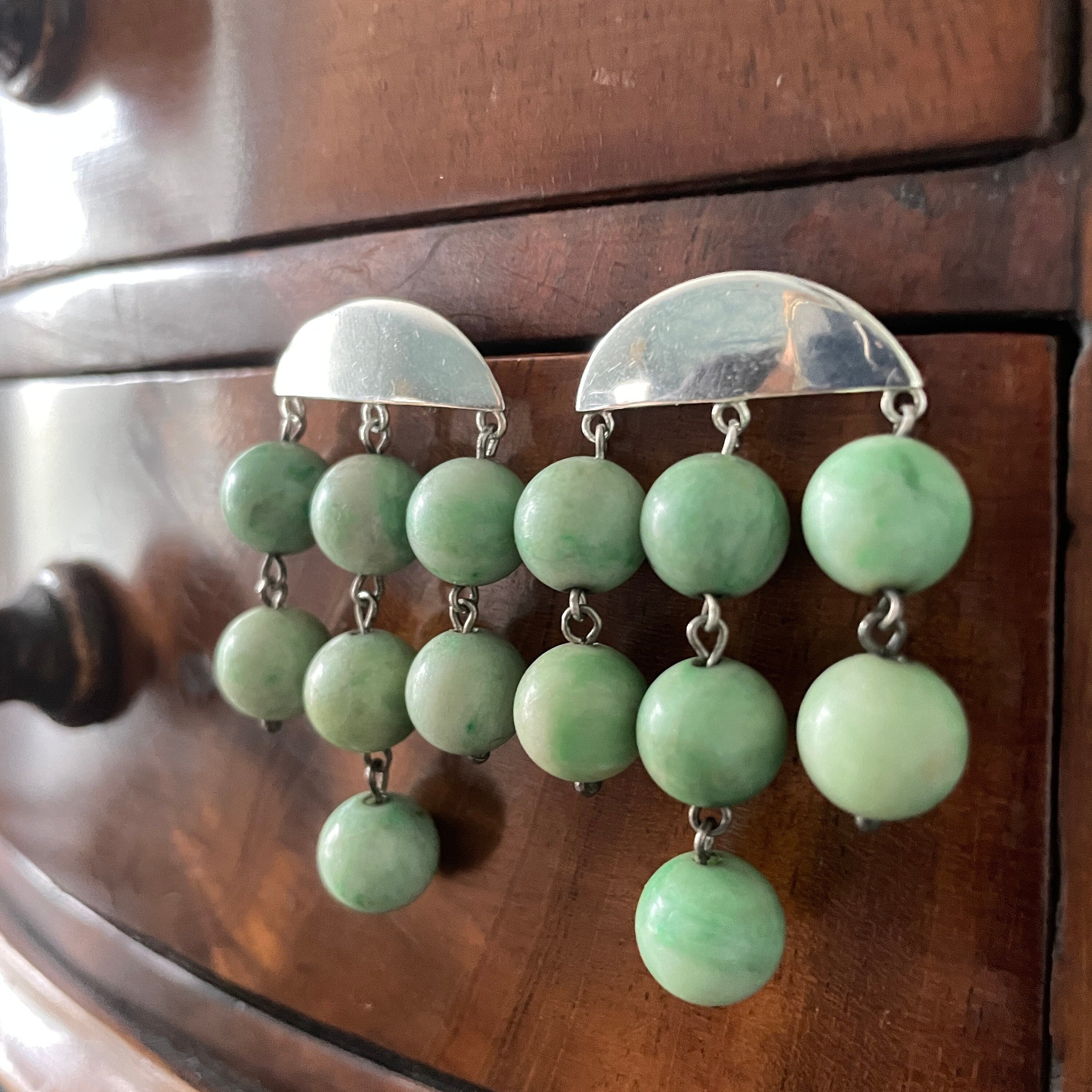 Art deco, silver & jade drop earrings, c1930s