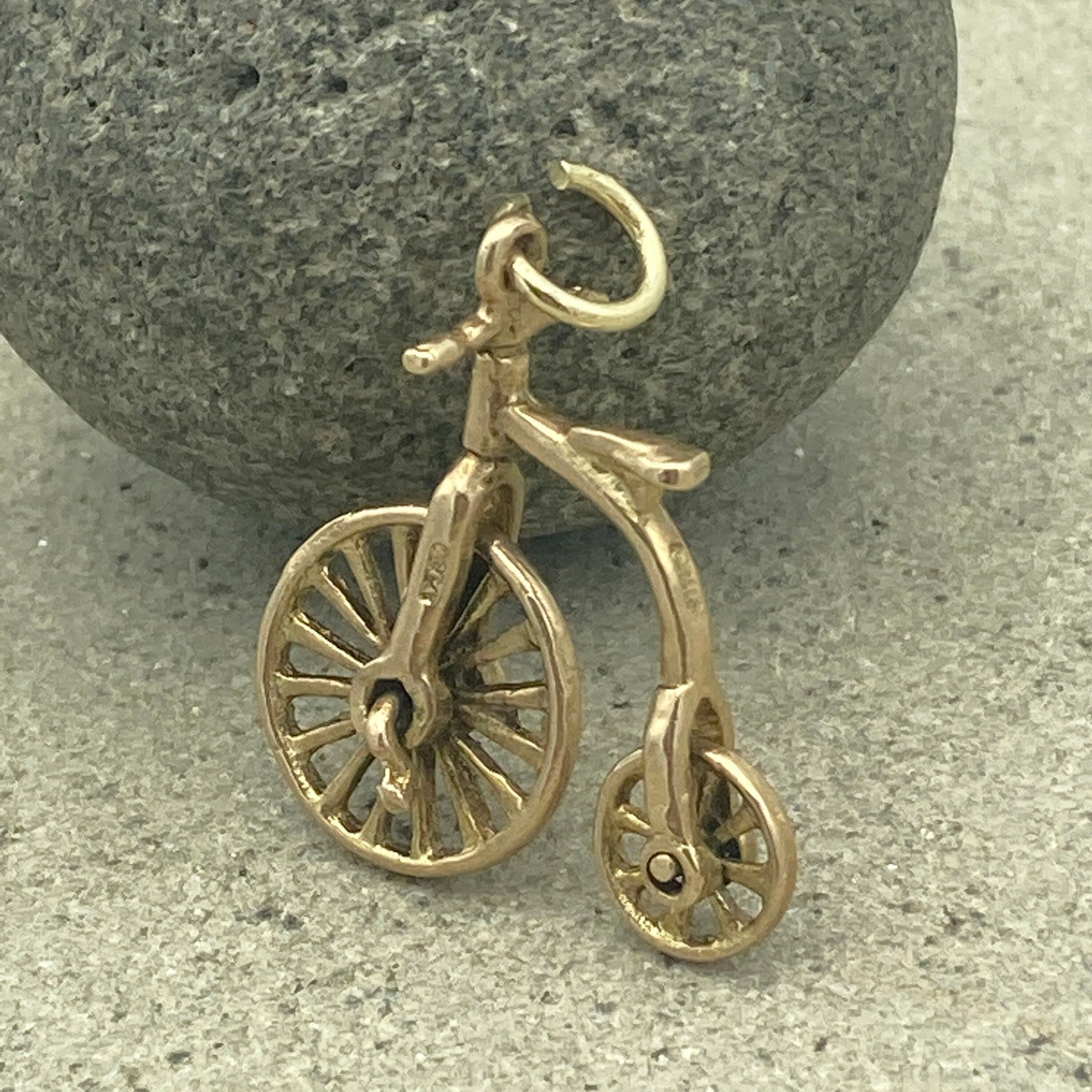 Vintage solid 9ct gold penny farthing bicycle charm / pendant hallmarked london 1963 9k gold 3d charm