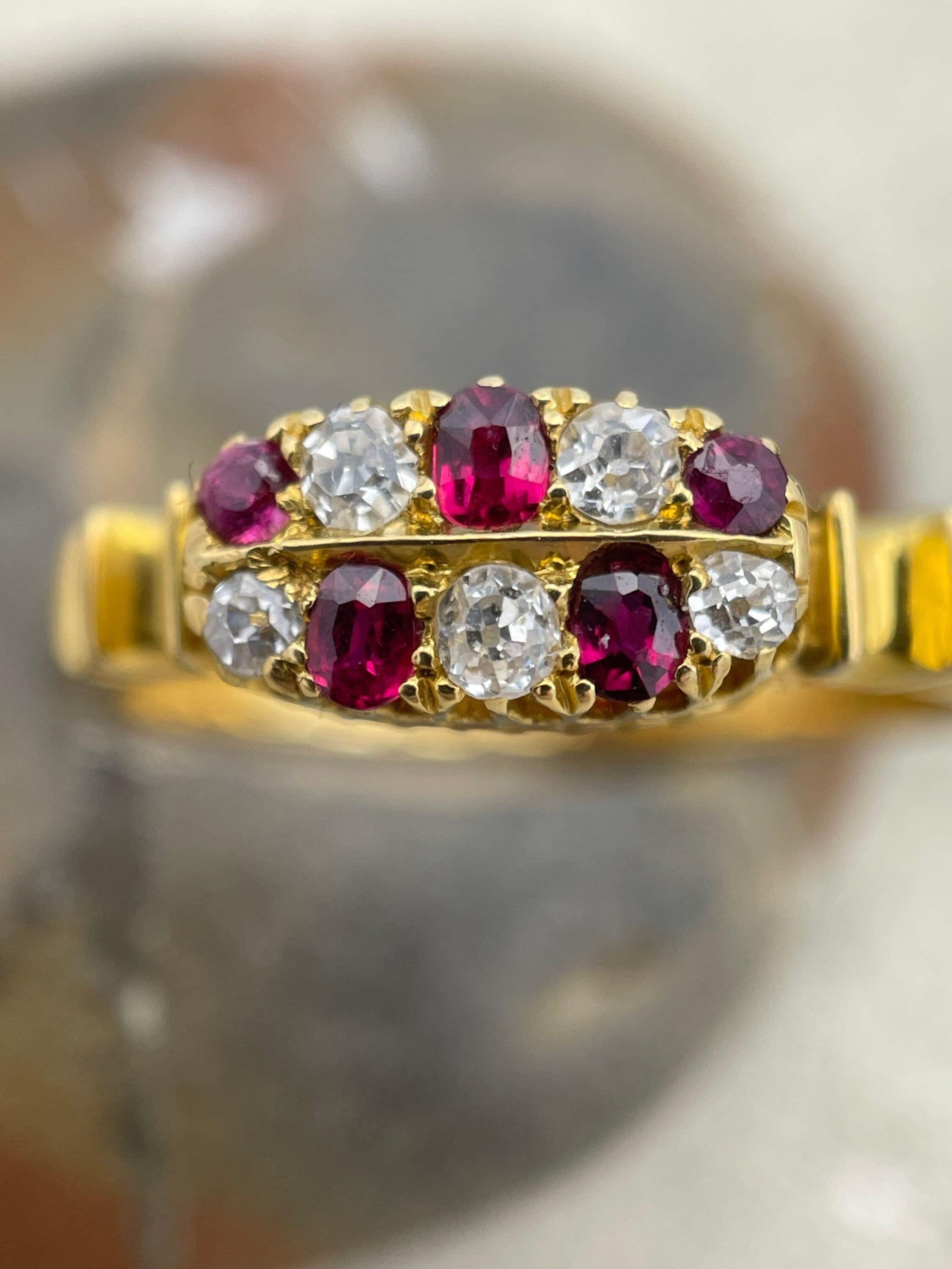 Victorian 18ct gold old cut diamond & ruby 2 row chequerboard ring hallmarked 1893