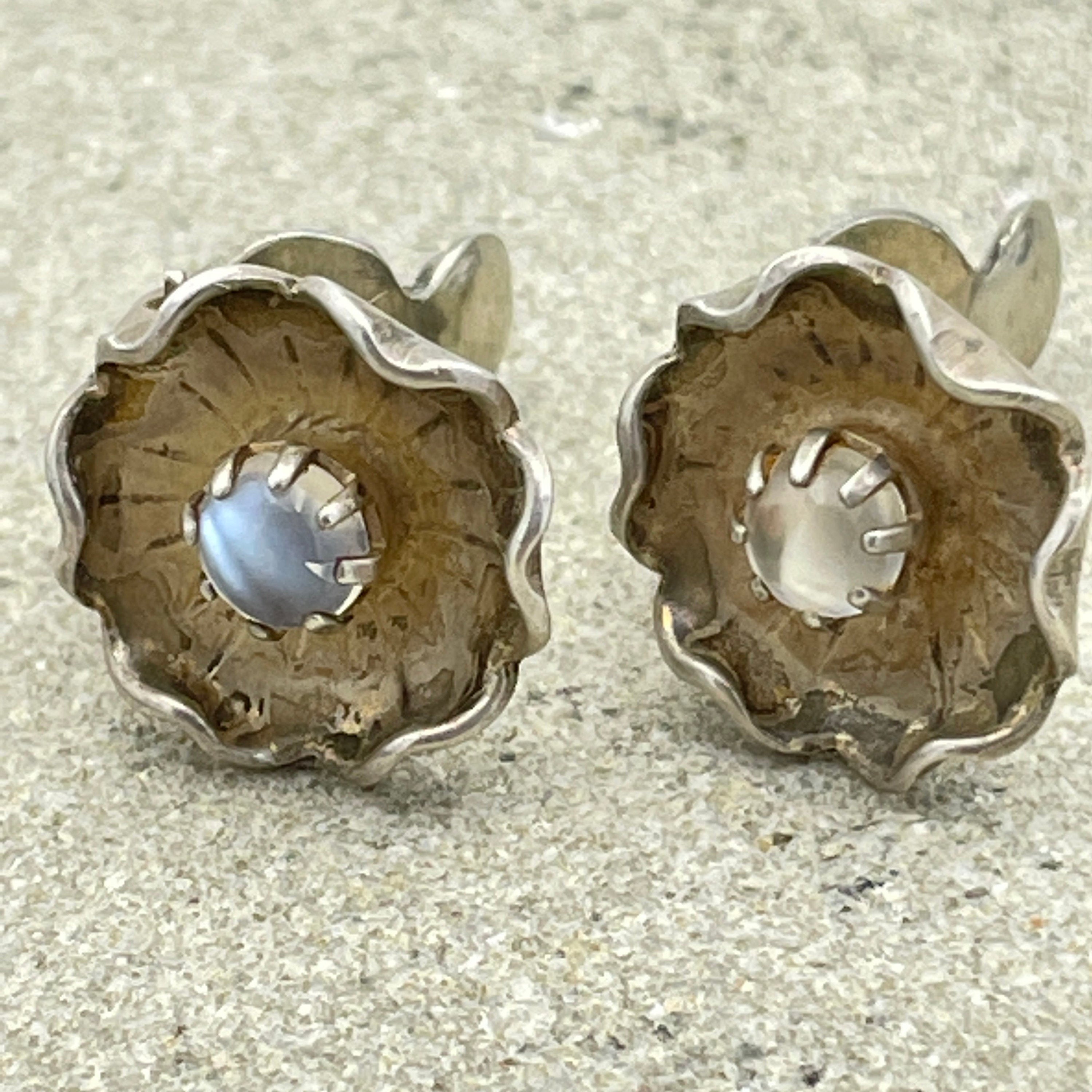 Vintage hand made sterling silver moonstone cabochon flower clip on earrings, mid century c1950s
