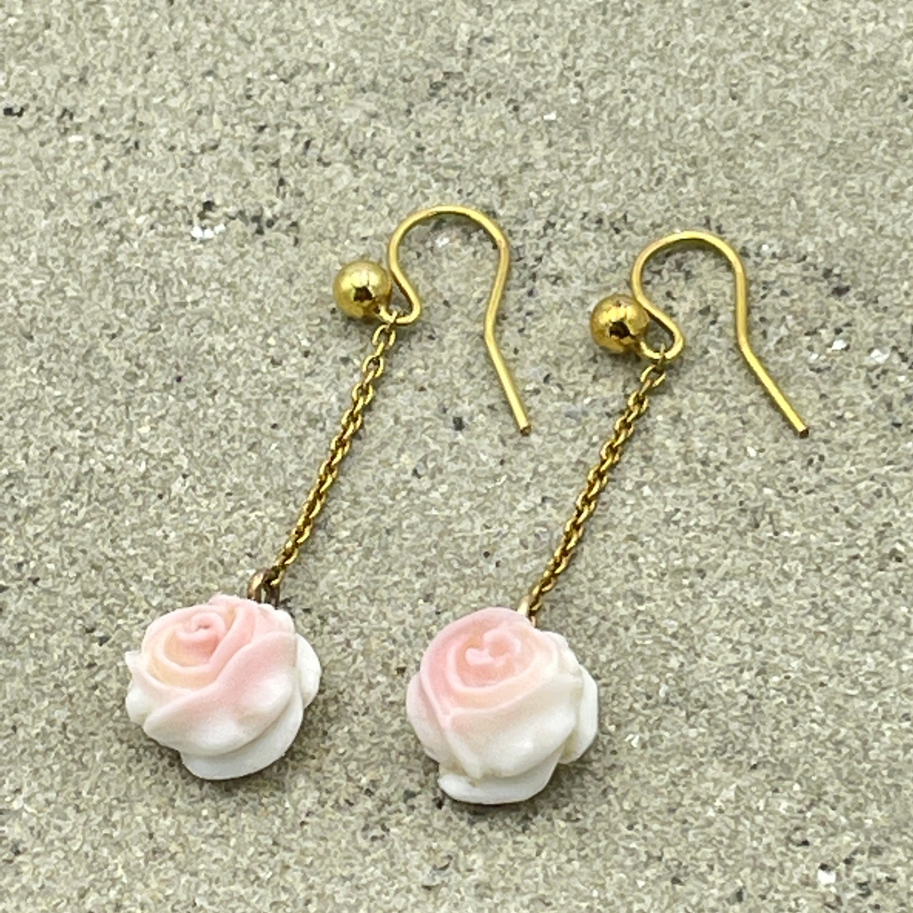 Vintage carved coral rose flower 9ct gold drop earrings c1920s