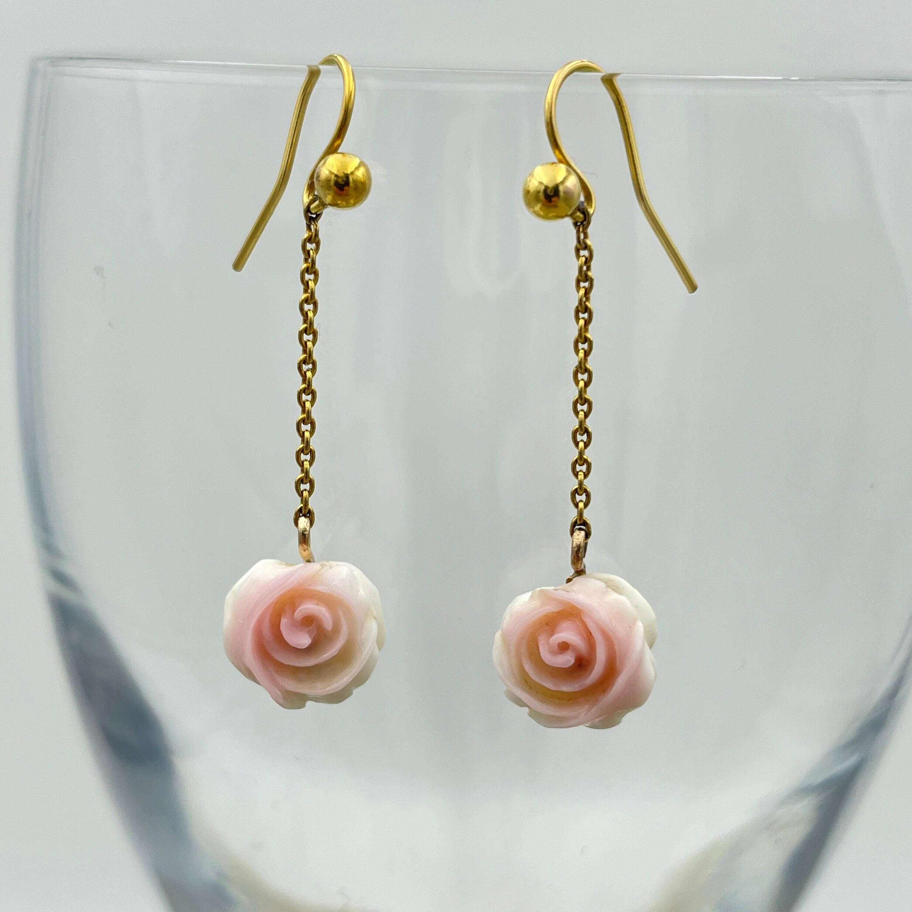 Vintage carved coral rose flower 9ct gold drop earrings c1920s