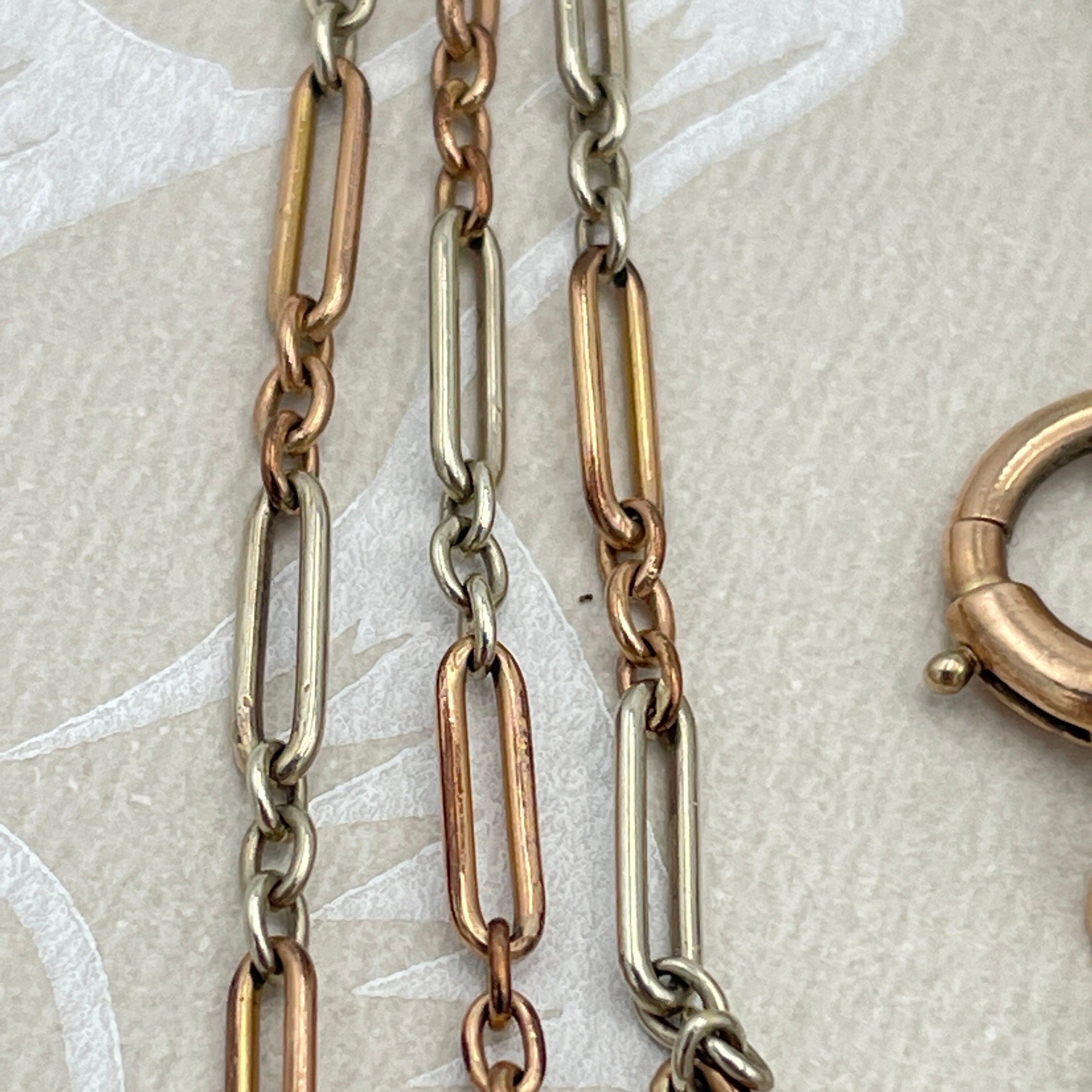 Art deco, bi-colour, 9ct gold chain necklace, fetter link and 3