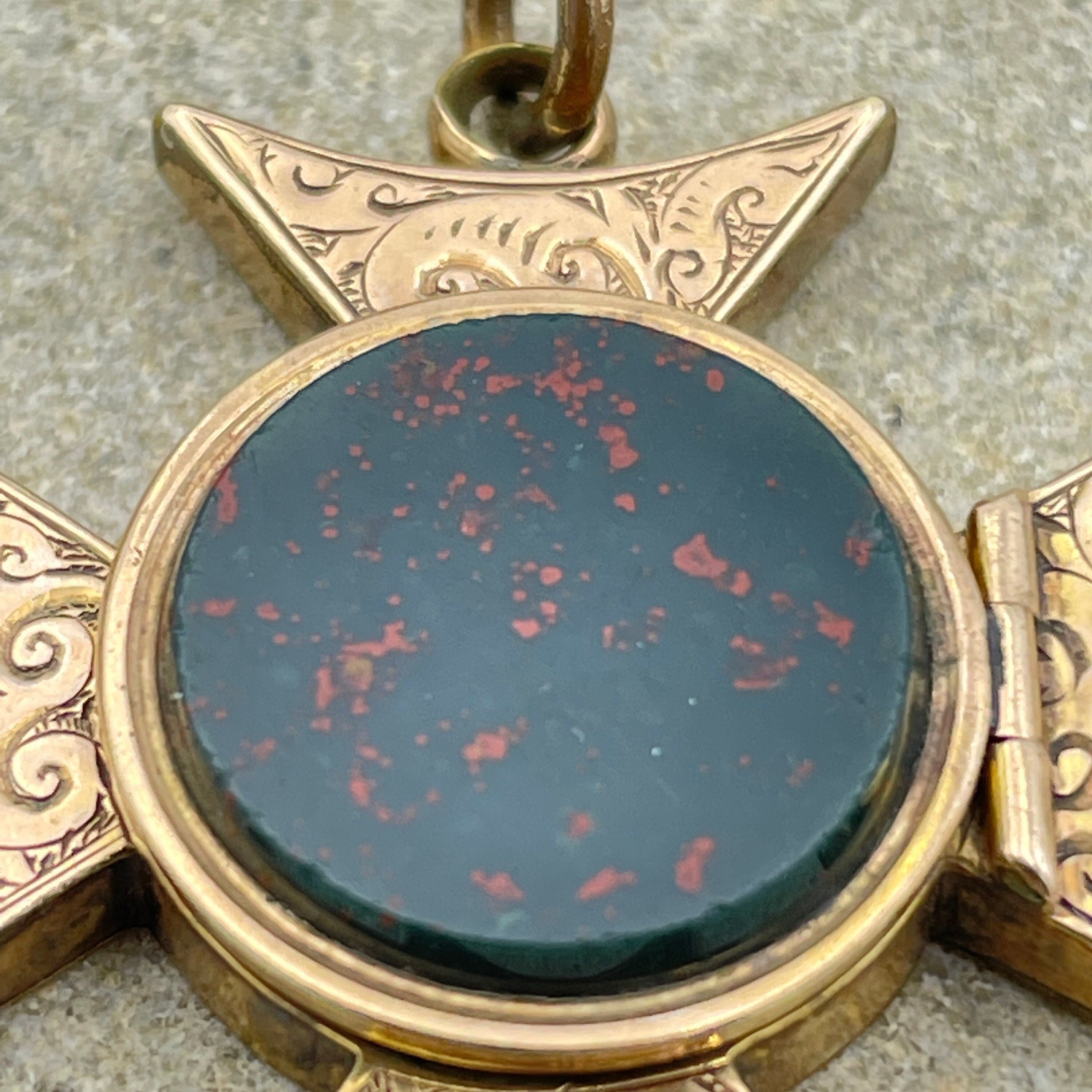 Victorian bloodstone rolled gold maltese cross locket pendant hand engraved