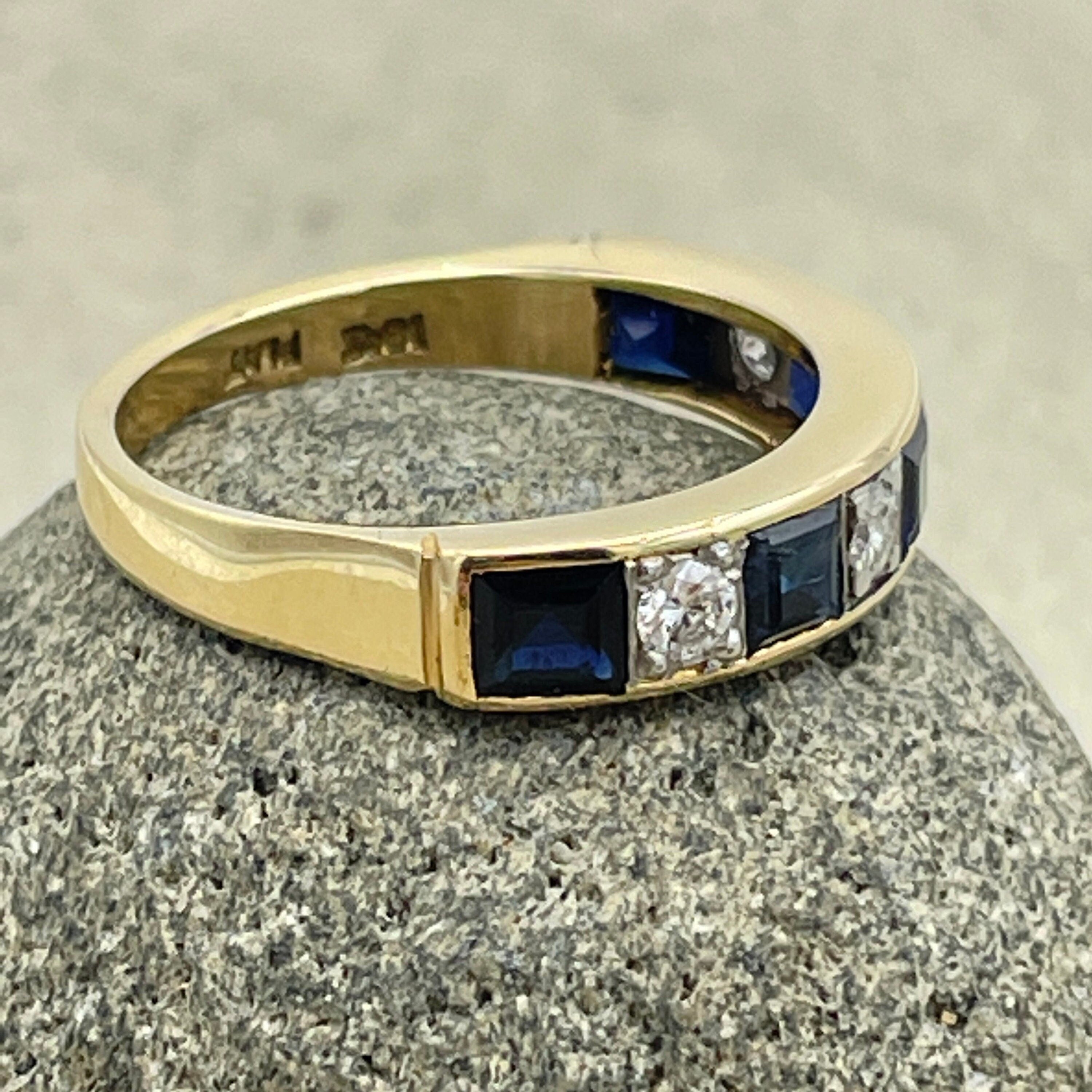 Vintage 18ct gold diamond & sapphire  half eternity ring, mid century, 1950s