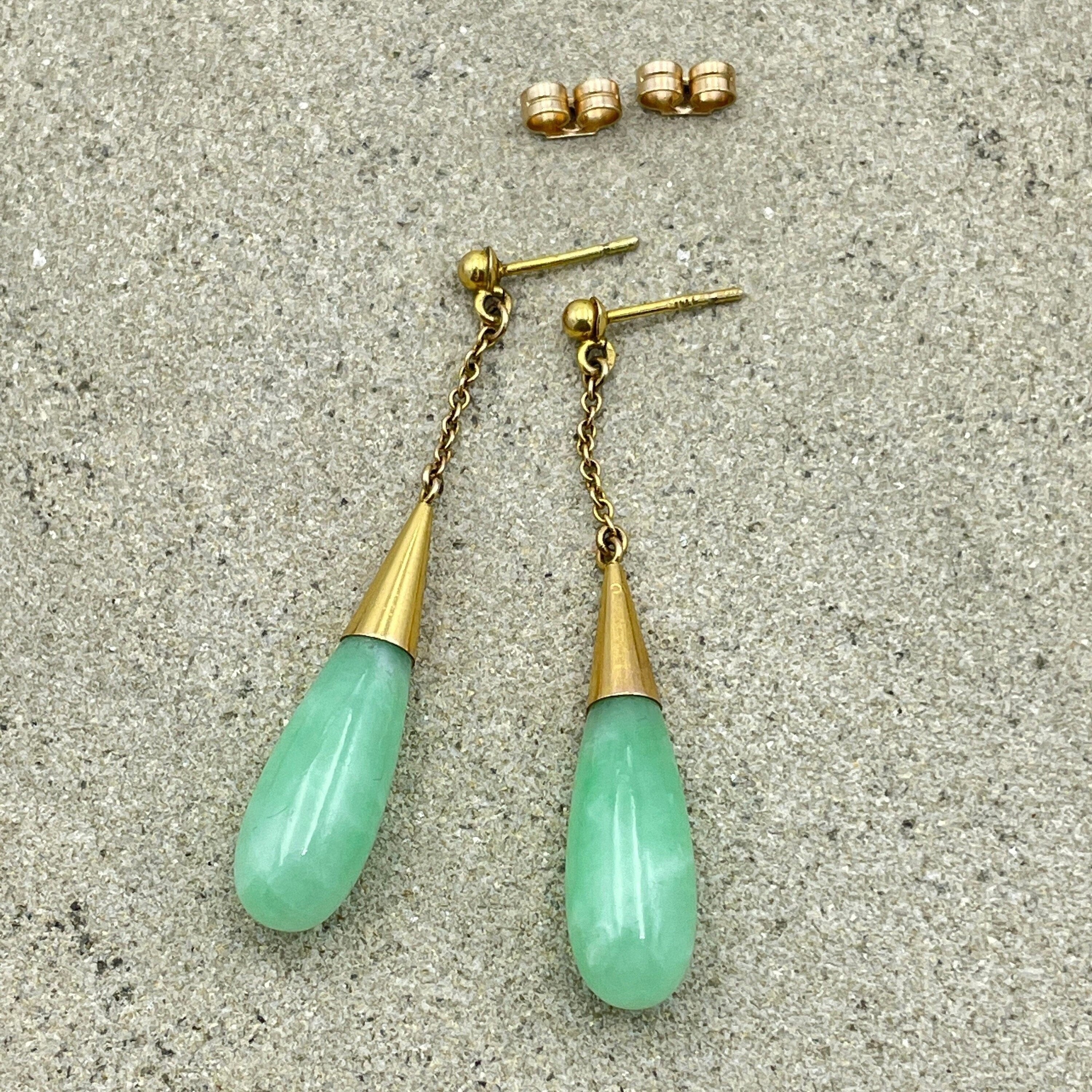 Art deco 9ct gold jade torpedo drop earrings, vintage c1930s