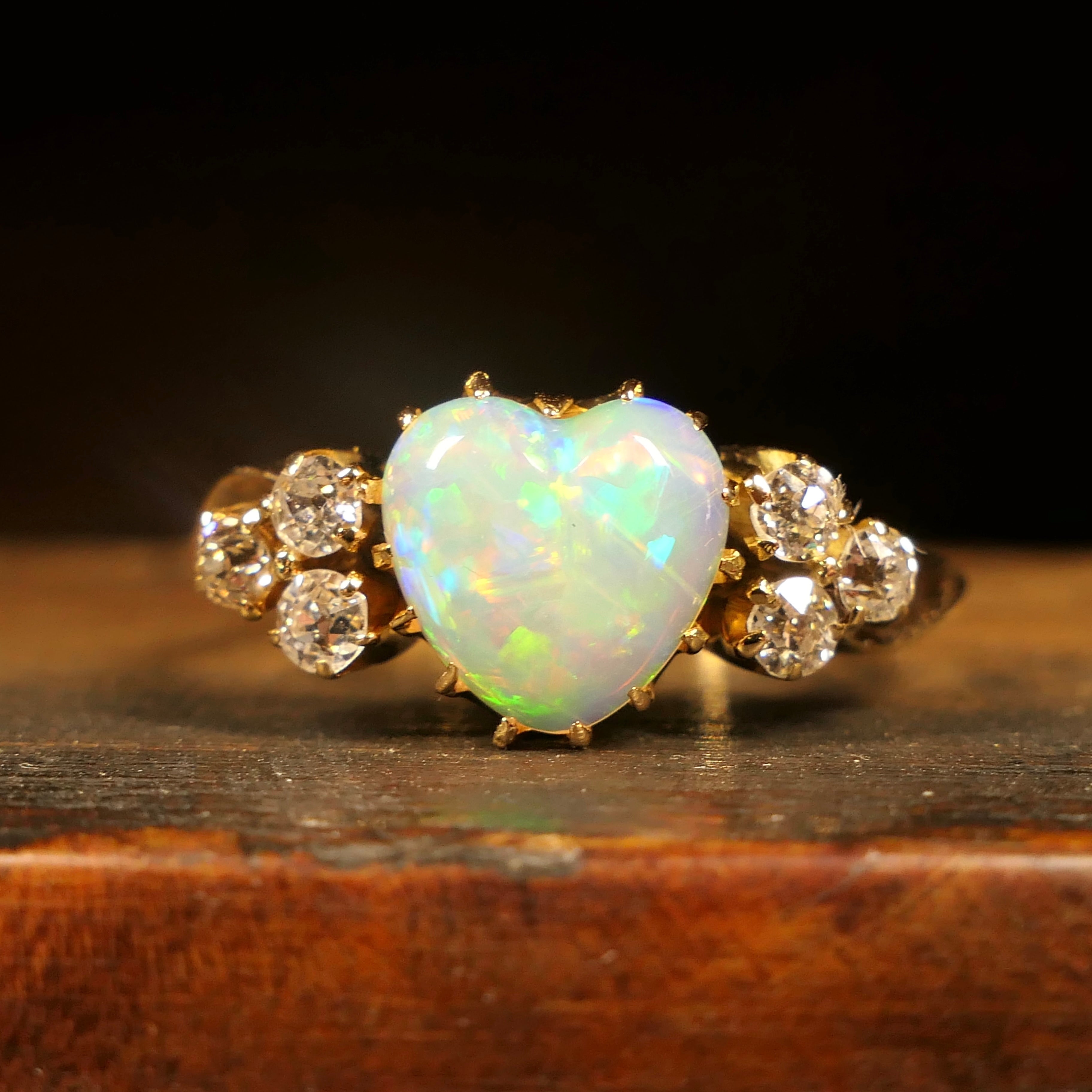 Edwardian Heart Opal & Old Cut Diamond, 18ct Gold ring, Chester hallmark 1902, In Antique Heart Ring Box