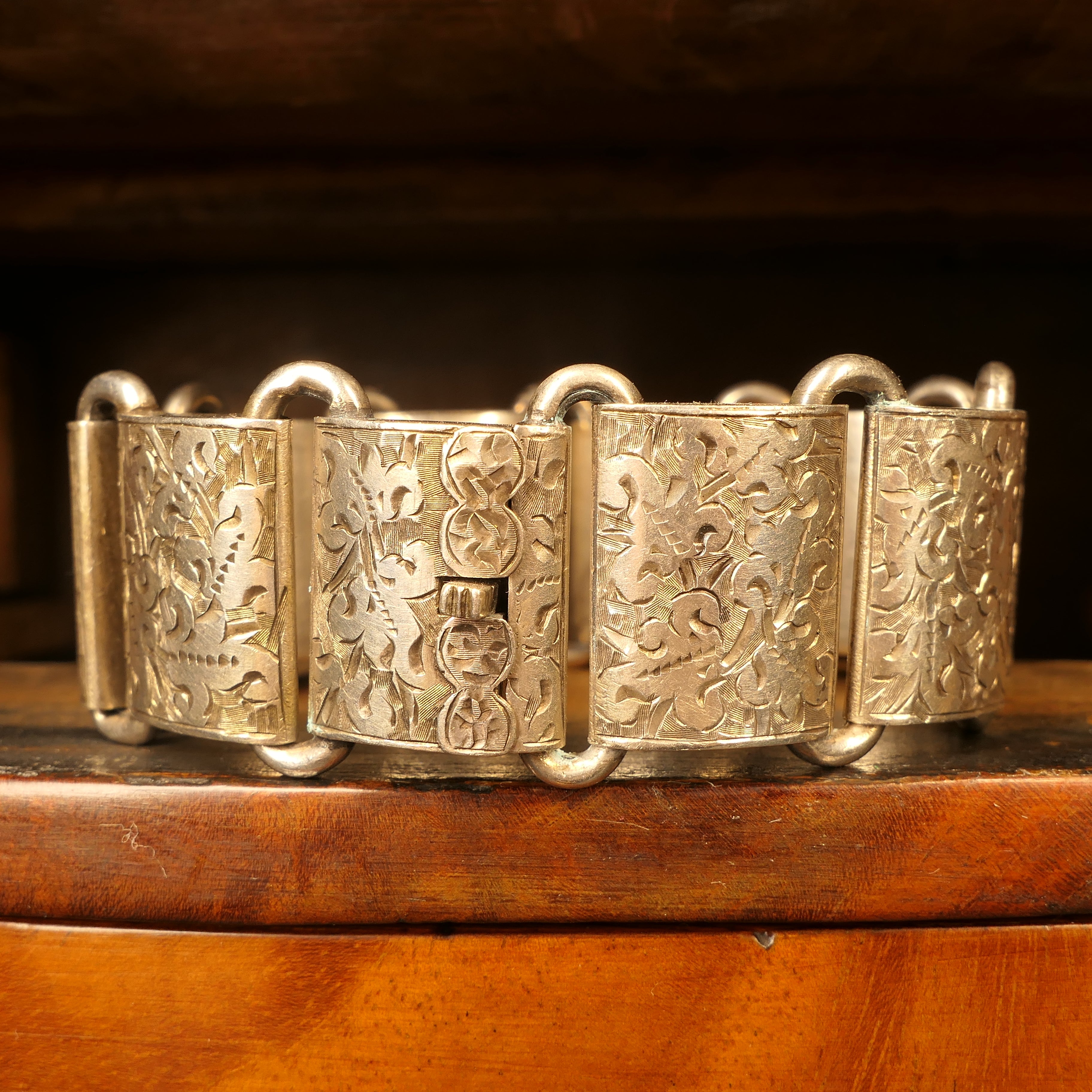 Victorian, Aesthetic Movement, Silver, Hand Engraved Panel Bracelet