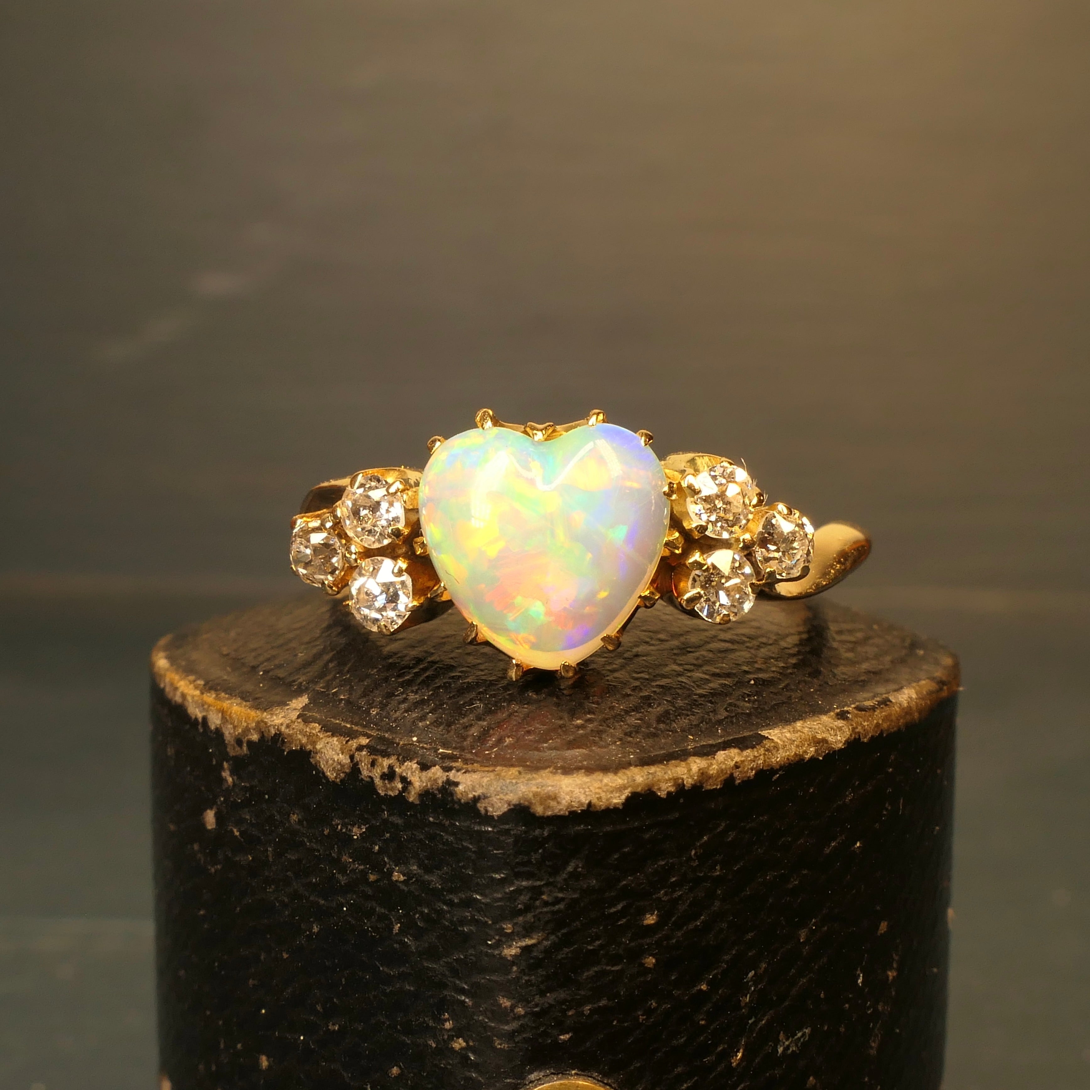 Edwardian Heart Opal & Old Cut Diamond, 18ct Gold ring, Chester hallmark 1902, In Antique Heart Ring Box